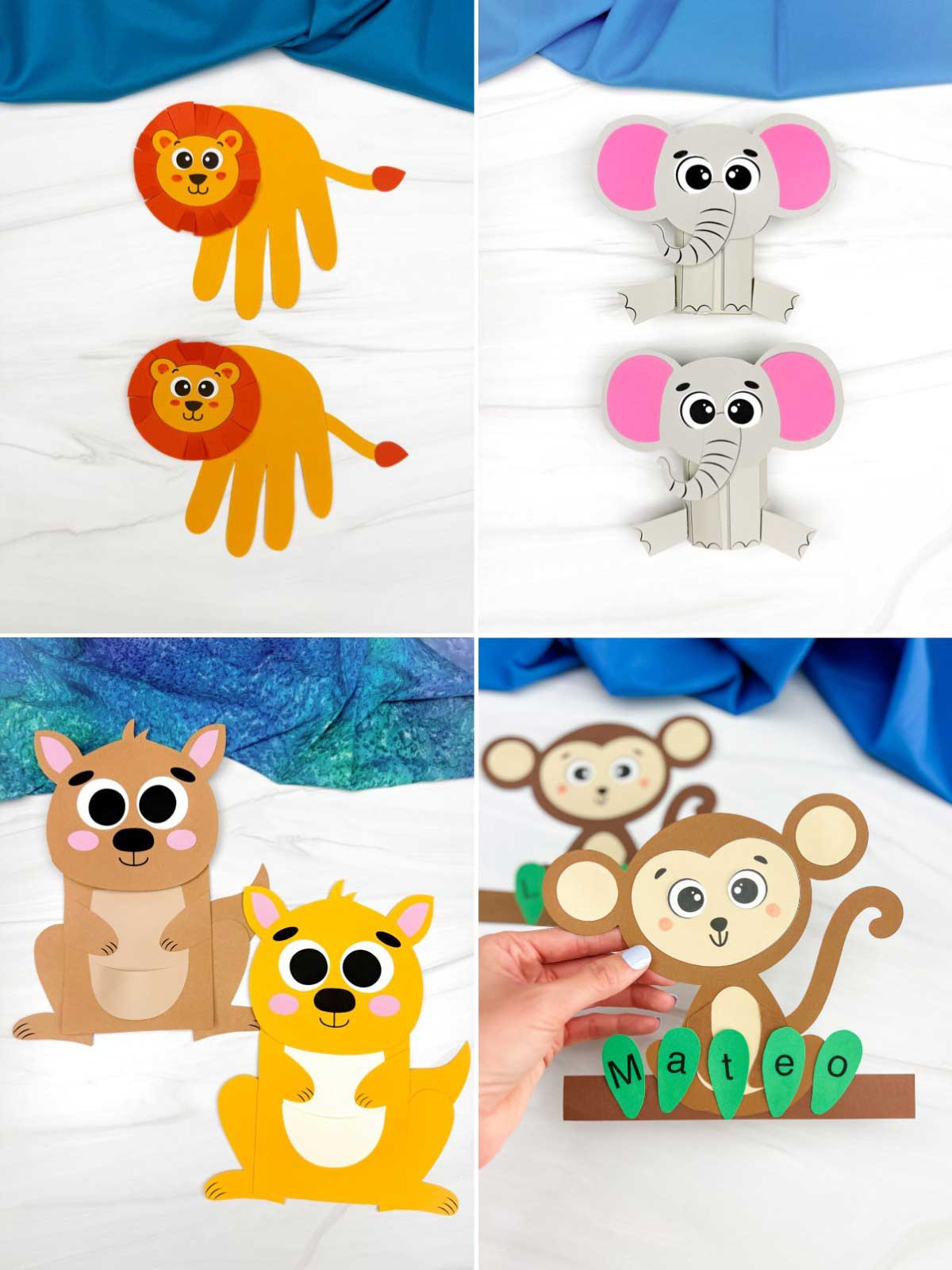 The image shows four different animal-themed kids’ crafts arranged in a grid. They include paper lions made from handprints, simple elephant crafts, kangaroo cutouts, and a monkey craft holding a name made from leaf shapes. Each project uses bright colors and simple shapes, designed for fun and easy children’s activities.