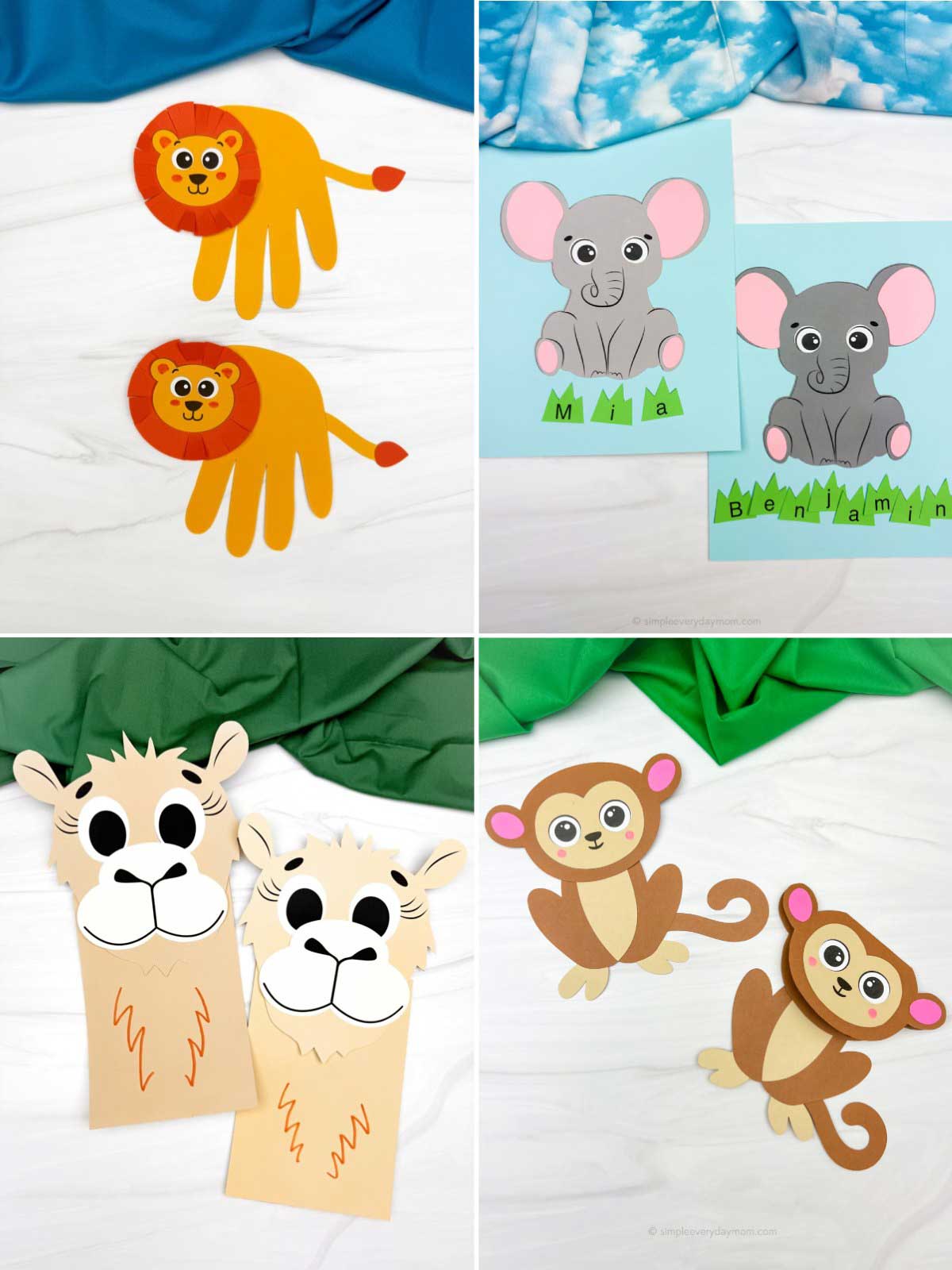 The image shows four different animal-themed kids’ crafts arranged in a grid. They include handprint lions, elephant name crafts, llama paper crafts, and simple monkey cutouts. Each project uses bright colors and basic shapes, displayed on a table with colorful fabric backgrounds.
