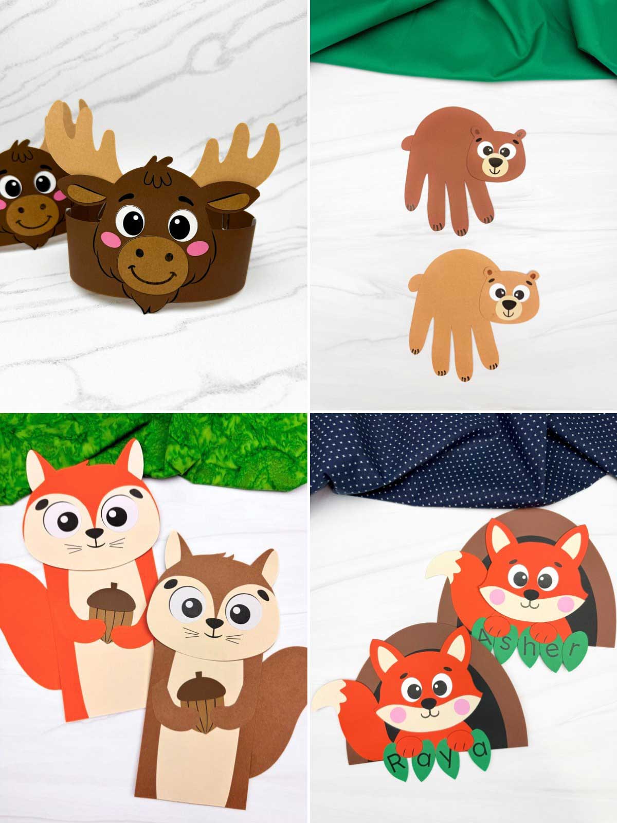 The image shows a collage of cute woodland animal crafts made from colored paper. In the top sections, there are a moose headband craft and simple bear cutouts, while the bottom sections feature squirrels holding acorns and fox-themed decorations. The crafts are colorful, cartoon-style, and arranged on a light background with bits of fabric for decoration.