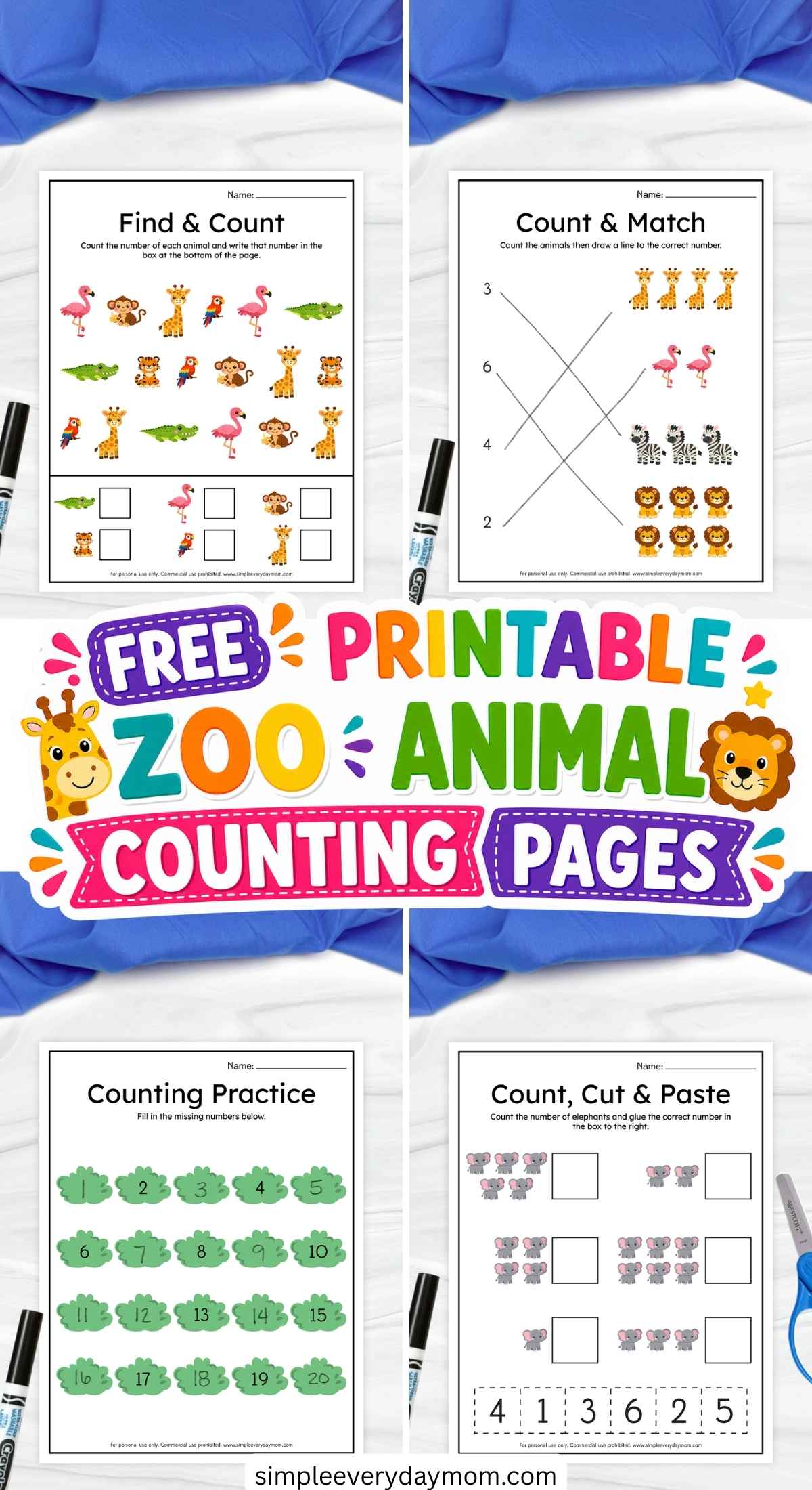 The image is a bright promotional layout featuring four zoo-themed counting worksheets for children. Each page includes activities like finding and counting animals, matching numbers, filling in sequences, and cutting and pasting. In the center, colorful text reads “Free Printable Zoo Animal Counting Pages,” surrounded by playful animal graphics.