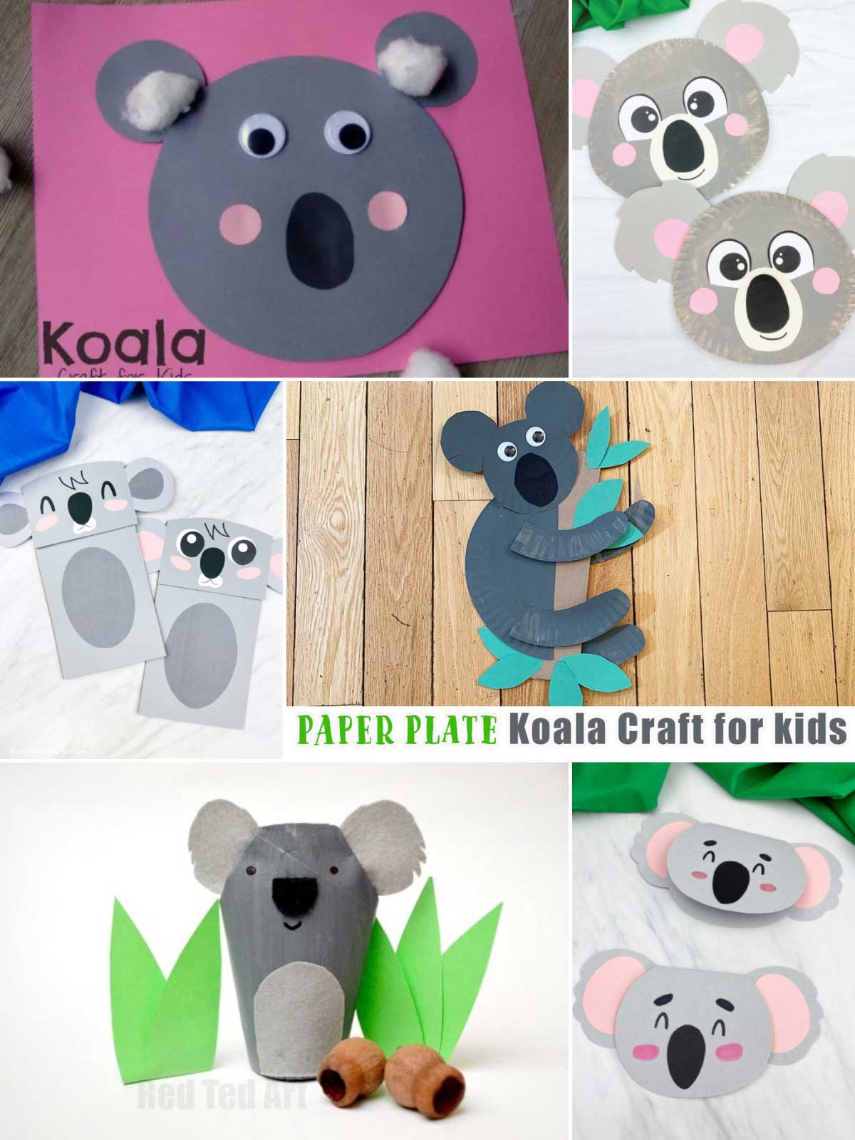 This image shows a collection of cute koala-themed crafts made for kids using simple materials like paper plates, construction paper, and cardboard tubes. The projects feature different koala designs, including faces, bookmarks, and full-body crafts holding eucalyptus leaves. The soft gray colors, googly eyes, and playful details make the crafts fun and easy for children to create.