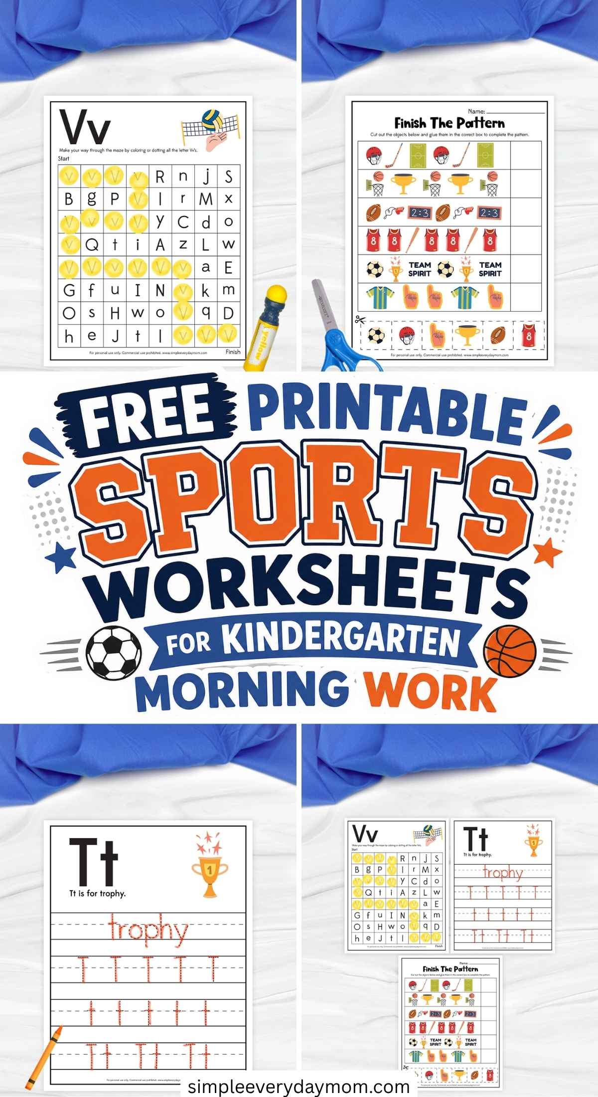 The image is a bright promotional collage for children’s sports-themed worksheets. In the center, bold text reads “Free Printable Sports Worksheets for Kindergarten Morning Work,” surrounded by sample pages like a letter “V” maze, a “T is for trophy” tracing sheet, and a pattern activity. The layout uses vibrant colors, playful fonts, and sports icons to make it engaging for young learners.