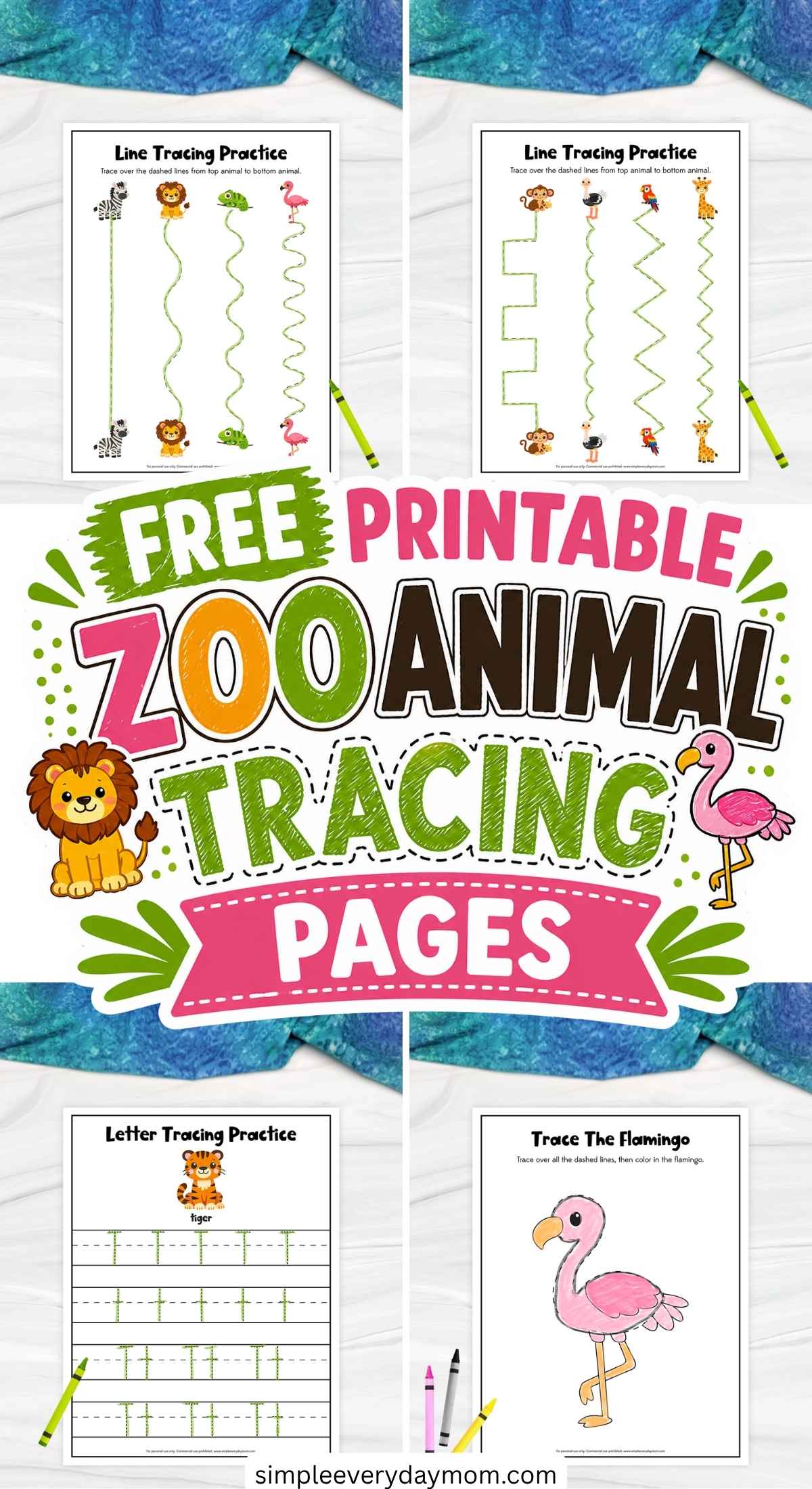 The image is a colorful promotional collage for children’s worksheets featuring zoo animal tracing activities. In the center, bold playful text reads “Free Printable Zoo Animal Tracing Pages,” surrounded by sample worksheets like line tracing paths, a flamingo tracing page, and a letter tracing sheet with a tiger. The design uses bright colors and cute animal illustrations to make the learning materials appealing for kids.
