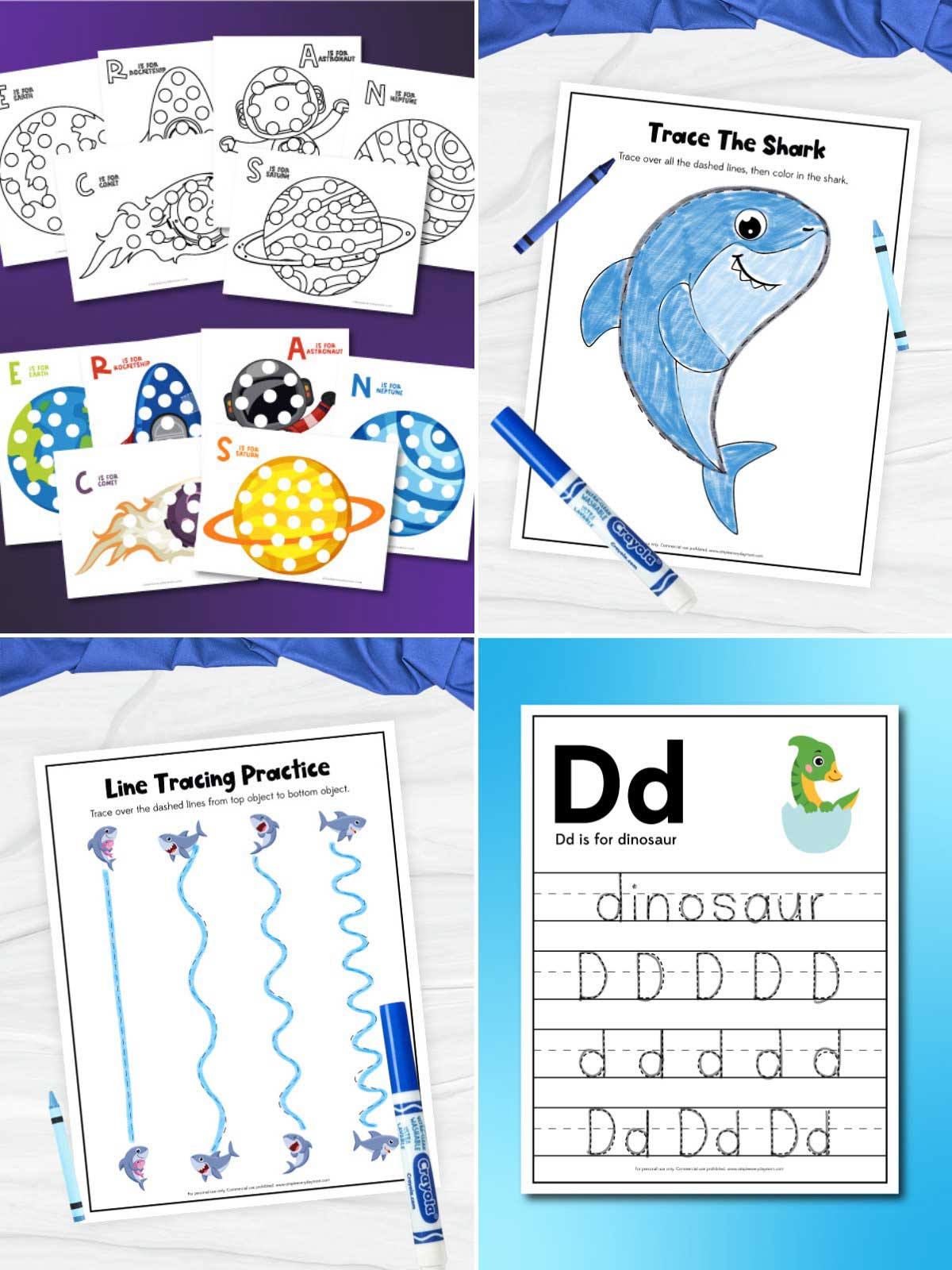 This image is a collage of educational printable activities for children featuring ocean, space, and dinosaur themes. The activities include space-themed alphabet coloring pages, a shark tracing and coloring worksheet, line tracing practice with sharks, and a letter tracing worksheet for the letter “D” with a dinosaur illustration. Bright blue and purple backgrounds, crayons, and playful designs make these learning pages fun and engaging for preschool and kindergarten students.