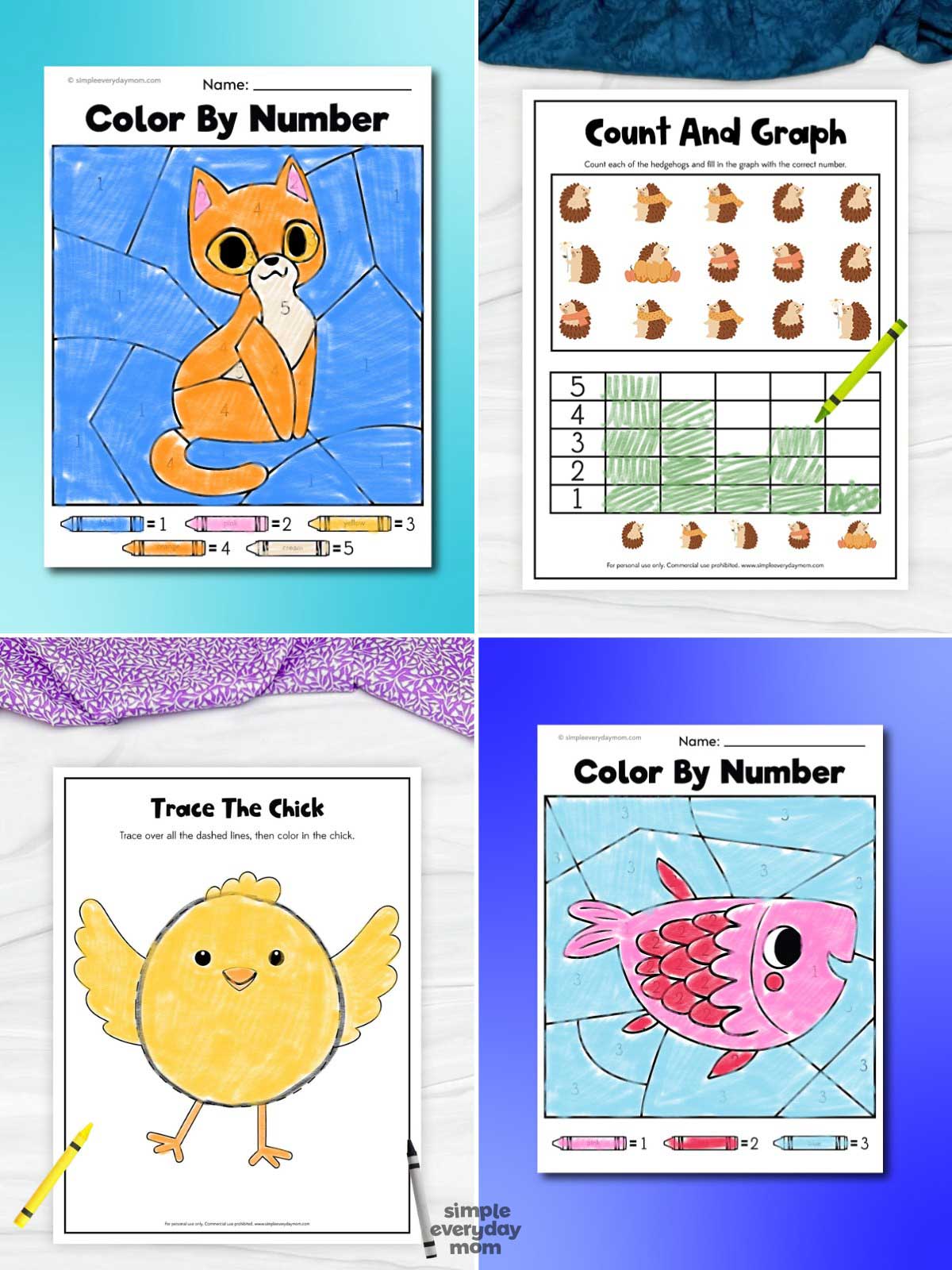 These cute preschool printable worksheets combine early learning with fun animal themes to keep young kids engaged while practicing important skills. The set includes color-by-number activities, count-and-graph math pages, and tracing worksheets featuring animals like foxes, hedgehogs, chicks, and fish. These low-prep educational printables are perfect for preschool, kindergarten, homeschool, classroom centers, quiet time, or seasonal learning units focused on animals and nature.