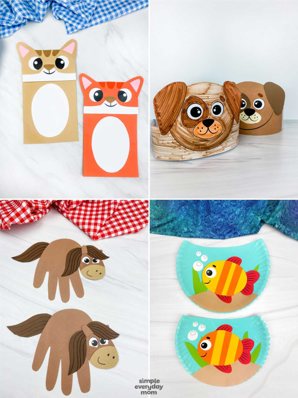 This adorable animal craft collection is packed with fun, easy preschool activities that help kids build creativity and fine motor skills. The set includes cat and dog paper bag puppets, horse handprint crafts, and colorful paper plate fish crafts that are perfect for toddlers, preschoolers, kindergarteners, and early elementary kids. These simple animal-themed crafts are great for homeschool, classroom art centers, rainy day activities, or themed learning units about pets and farm animals.