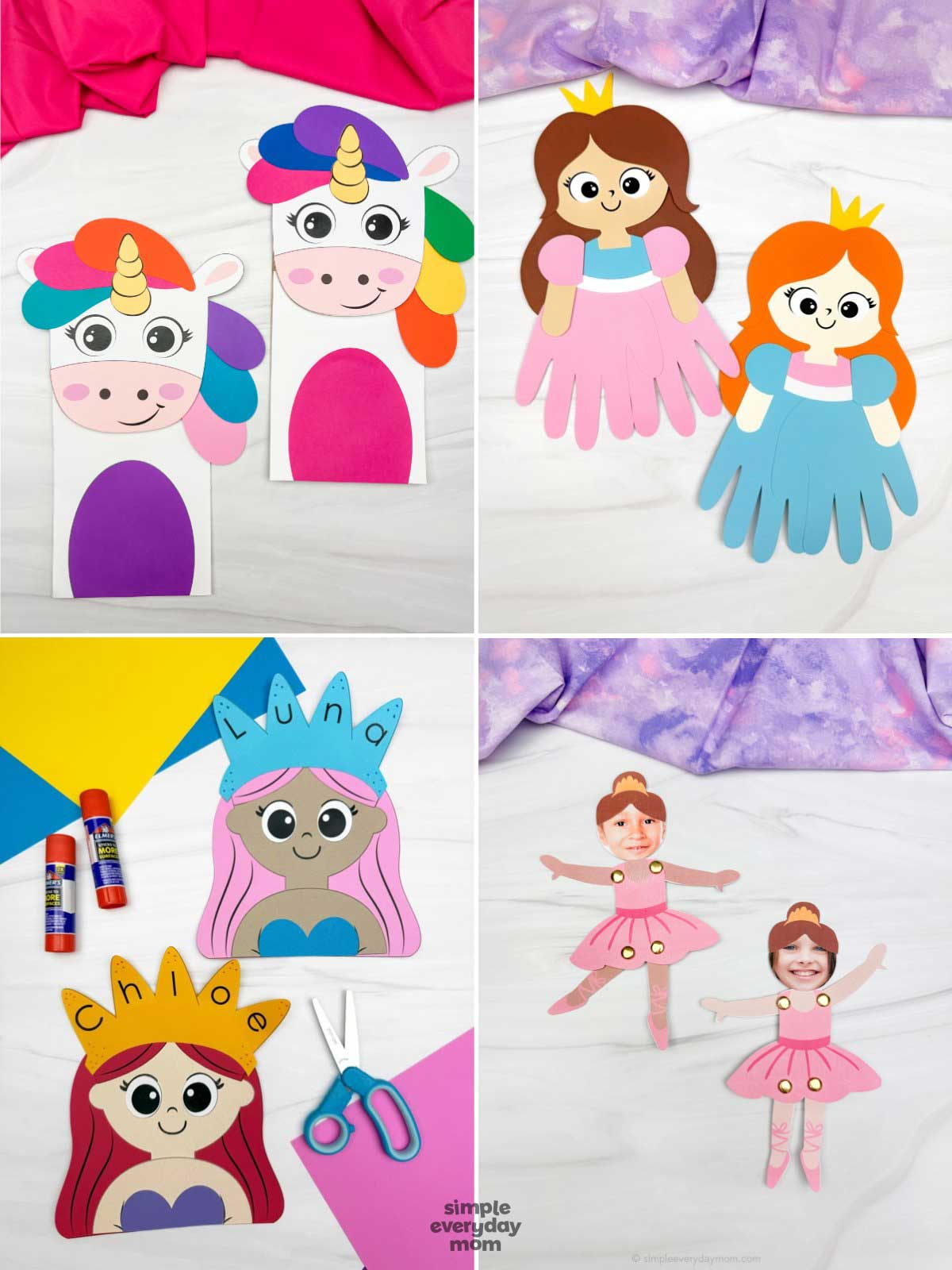 This magical princess and unicorn craft collection is filled with fun, easy activities for kids to create and play with at home or in the classroom. The set includes colorful unicorn paper bag puppets, adorable princess handprint crafts, personalized princess name crafts, and printable ballerina photo crafts that let children add their own faces for extra fun. These creative activities help encourage imaginative play, fine motor skills, cutting and gluing practice, and hands-on crafting while giving kids a fun way to explore fairy tale and fantasy themes.