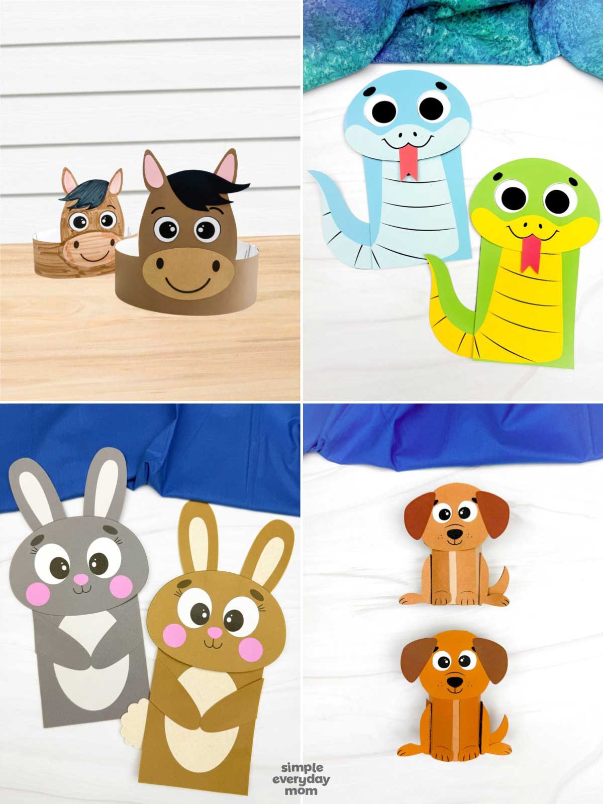 These adorable paper animal crafts feature fun and easy designs that kids will love making. The collage includes cute horses, colorful snakes, sweet bunnies, and playful puppies created from simple paper shapes. Each craft is bright, kid-friendly, and perfect for creative activities at home or in the classroom.