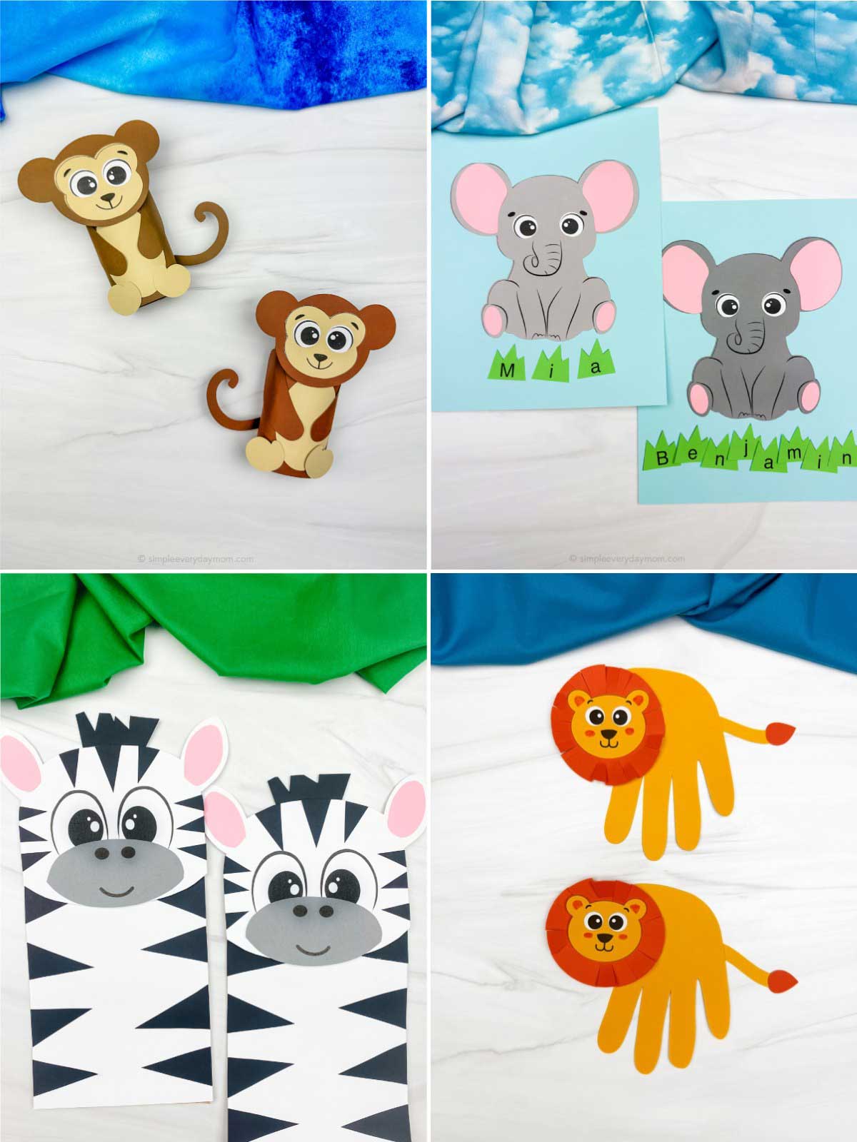 The image is a collage of colorful animal-themed craft projects for children displayed in four sections. It features paper monkey crafts, elephant name crafts, zebra paper crafts, and lion handprint crafts arranged on a light background with bright fabric accents. The crafts use simple shapes, cheerful cartoon faces, and vibrant colors, making them fun and engaging activities for preschool and kindergarten kids.