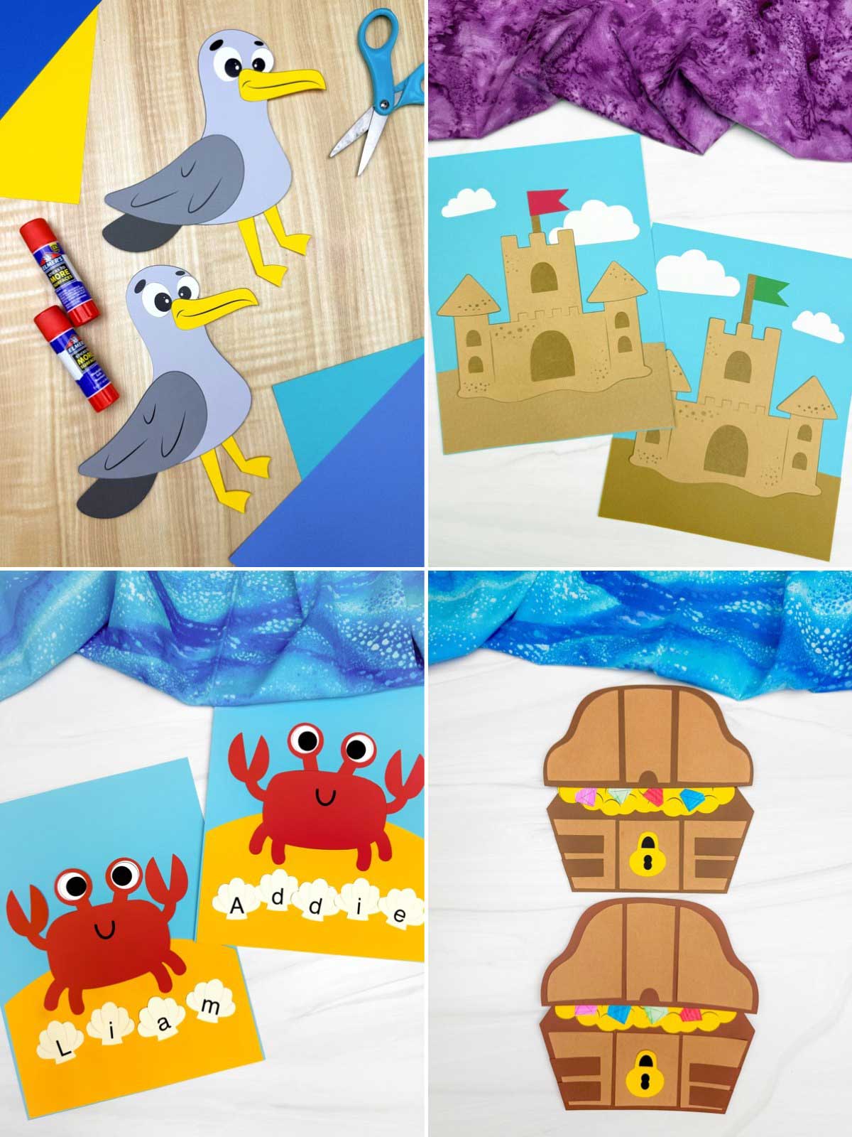 The image is a collage of four beach-themed craft projects for children displayed in separate sections. It features paper seagull crafts, sandcastle scene crafts, crab name crafts, and treasure chest paper crafts made with colorful paper and simple shapes. Bright fabrics, craft supplies like scissors and glue sticks, and playful ocean-inspired designs create a fun and creative activity collection for kids.