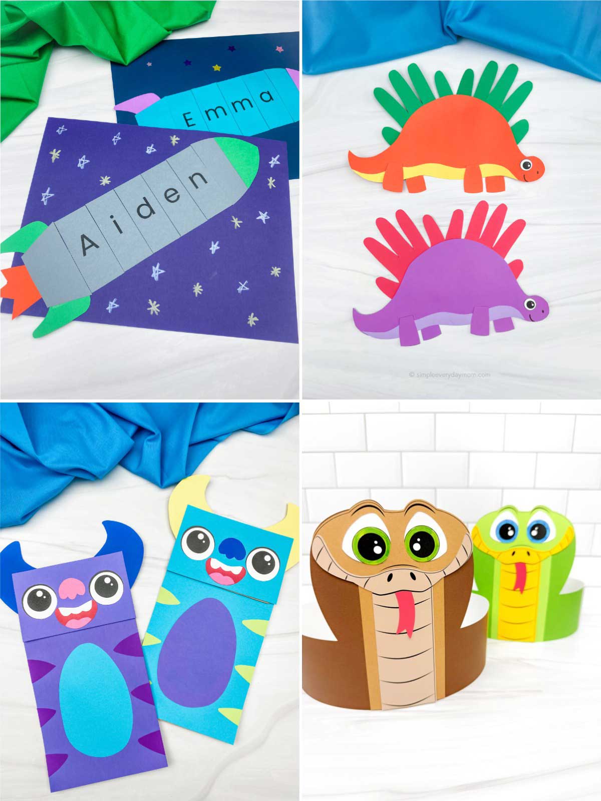 This image is a collage of colorful children’s crafts and learning activities featuring space, dinosaurs, monsters, and snakes. The crafts include personalized rocket name projects, bright dinosaur cutouts, monster-themed paper bookmarks, and snake paper cup creations with large cartoon eyes and playful expressions. Vibrant colors, simple paper materials, and fun character designs make these activities engaging and creative for preschool and elementary-aged children.