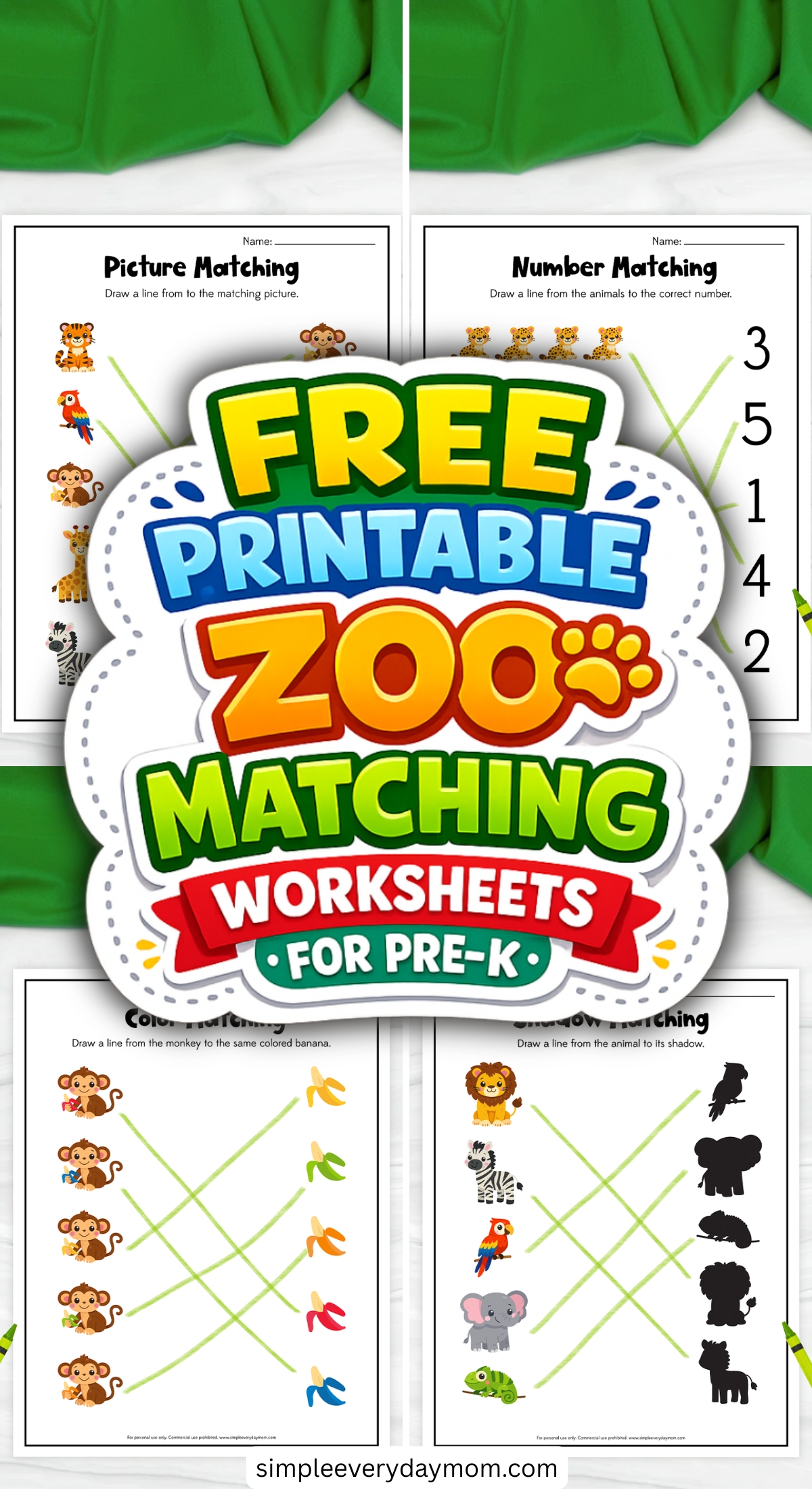 This image is a colorful promotional graphic advertising free printable zoo matching worksheets for pre-kindergarten children. The background displays four different activity worksheets, including picture matching, number matching, color matching, and shadow matching with cute zoo animal illustrations and tracing lines. The large bright text in the center and playful design make the educational resource look fun, engaging, and perfect for young learners practicing early matching and fine motor skills.