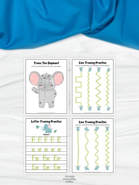 This image displays four printable elephant-themed educational worksheets created for preschool and kindergarten children. The activities include elephant tracing and coloring, letter tracing practice for the letter “E,” and two different line tracing exercises featuring straight, curved, and zigzag paths with cute elephant illustrations. The soft blue background, playful elephant graphics, and simple tracing activities create a fun and engaging learning resource focused on fine motor and early handwriting skills.
