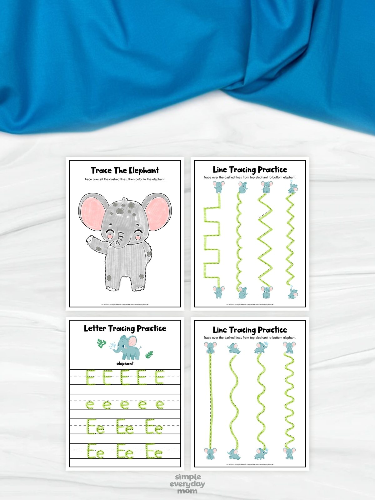 This image displays four printable elephant-themed educational worksheets created for preschool and kindergarten children. The activities include elephant tracing and coloring, letter tracing practice for the letter “E,” and two different line tracing exercises featuring straight, curved, and zigzag paths with cute elephant illustrations. The soft blue background, playful elephant graphics, and simple tracing activities create a fun and engaging learning resource focused on fine motor and early handwriting skills.