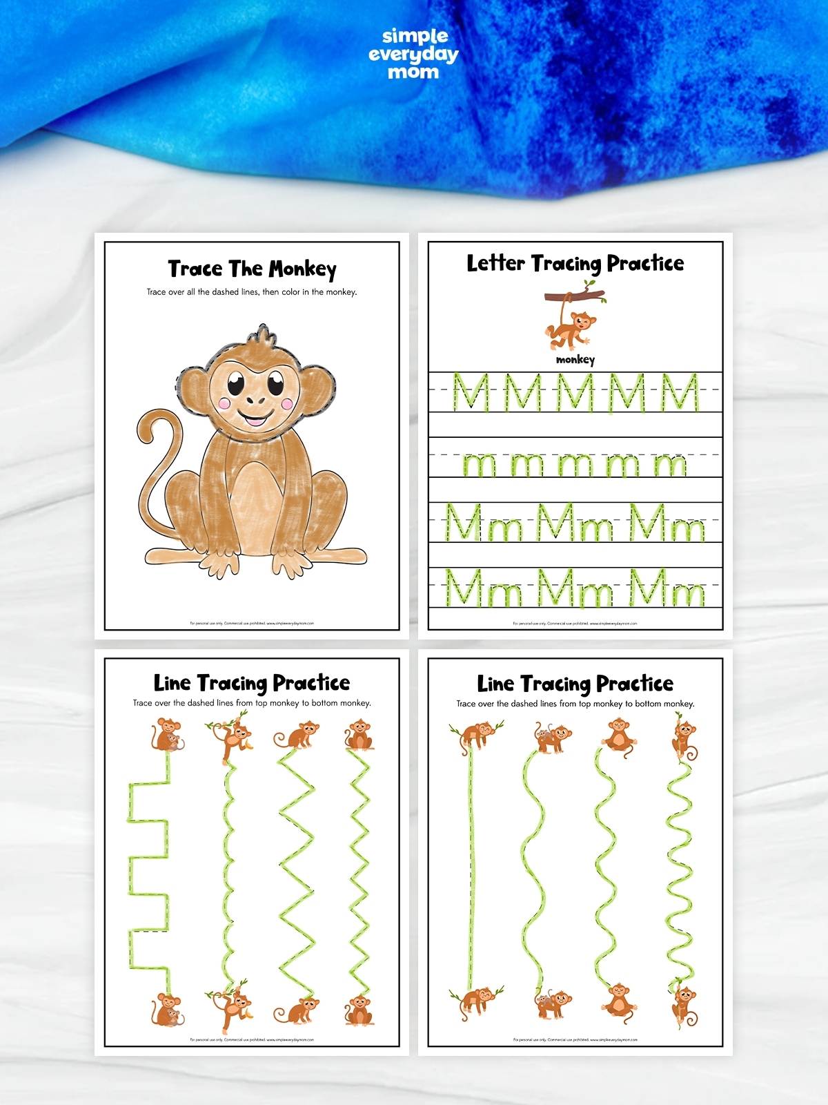 The image shows four printable monkey-themed preschool worksheets from Simple Everyday Mom. The worksheets include tracing activities such as tracing a monkey drawing, practicing the letter “M,” and following different line patterns to help develop fine motor skills. The pages feature cute cartoon monkeys, green tracing lines, and a clean black-and-white layout designed for young children.