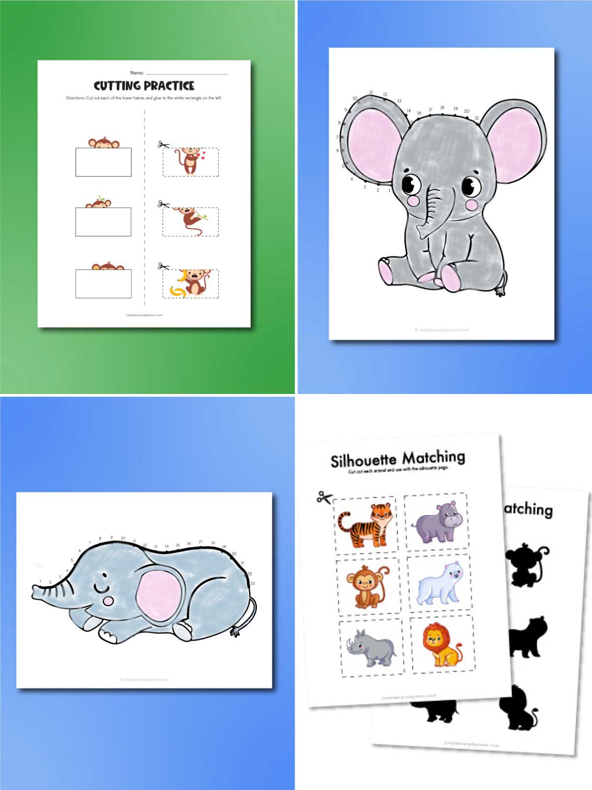 This image is a collage of printable zoo-themed learning activities designed for young children to practice early skills in a fun way. The activities include cutting practice worksheets, elephant dot-to-dot coloring pages, and silhouette matching exercises with cute animal illustrations. The bright backgrounds, simple educational tasks, and playful zoo animal designs make these printables engaging for preschool and kindergarten learners.