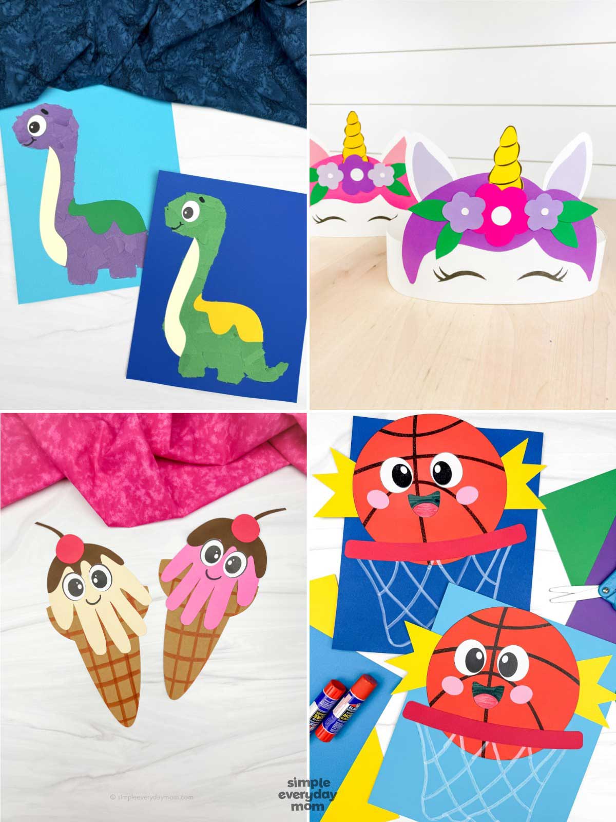 This fun kids craft collection features a variety of creative and engaging activities that are perfect for preschoolers and elementary-aged children. The set includes colorful torn paper dinosaur crafts, printable unicorn headbands, adorable handprint ice cream crafts, and basketball paper crafts kids can make at home or in the classroom. These easy hands-on activities help encourage creativity, fine motor development, cutting and gluing practice, and imaginative play while giving children a fun way to explore different themes and seasons through crafting.