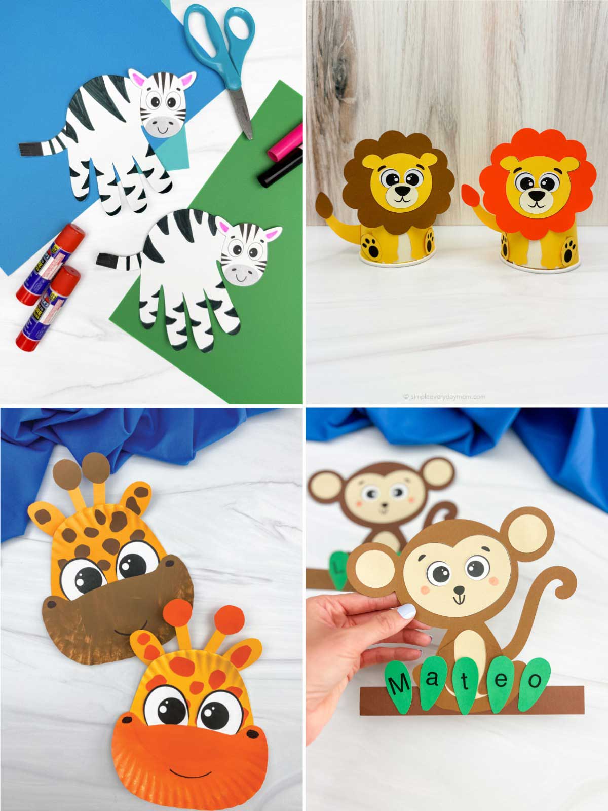 This image is a collage of four cute zoo animal craft activities made for children using simple art materials and paper supplies. The crafts include zebras made from cut paper, lion cups, giraffes created from painted paper plates, and personalized monkey name crafts. Bright colors, playful animal designs, and crafting tools like scissors, glue sticks, and markers make the activities look fun, creative, and perfect for preschool or kindergarten learners.
