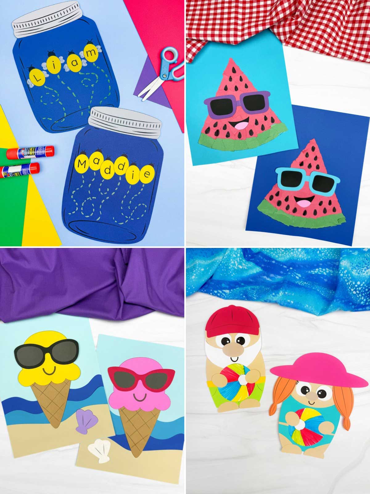 The image is a collage of colorful summer-themed craft projects for children displayed in four sections. It includes firefly name jar crafts, smiling watermelon crafts with sunglasses, ice cream cone paper crafts, and beach-themed paper doll crafts holding rainbow beach balls. Bright paper colors, playful designs, and craft supplies like scissors and glue sticks create a cheerful and creative activity display for kids.