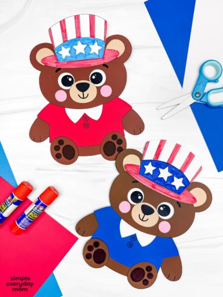 Collage of patriotic teddy bear paper crafts in red and blue outfits with scissors, glue sticks, and colorful craft paper for a Fourth of July kids activity