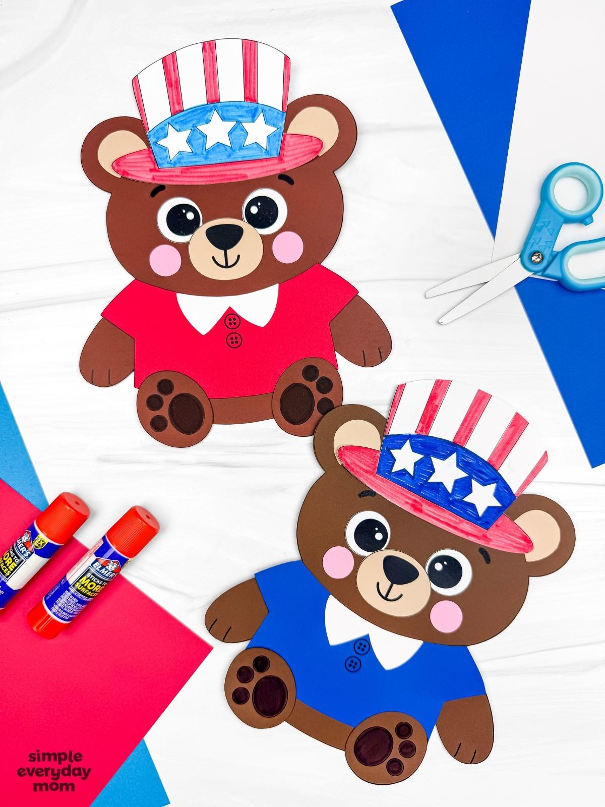 Collage of patriotic teddy bear paper crafts in red and blue outfits with scissors, glue sticks, and colorful craft paper for a Fourth of July kids activity