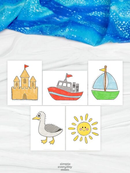 The image features five beach-themed connect-the-dots worksheets displayed on a light marble-style background with a blue fabric decoration at the top. The printable pages include colorful illustrations of a sandcastle, red boat, sailboat, duck, and smiling sun, each designed with numbered dots for children to trace and complete. The Simple Everyday Mom logo appears at the bottom, giving the image a clean and playful educational presentation for young learners.