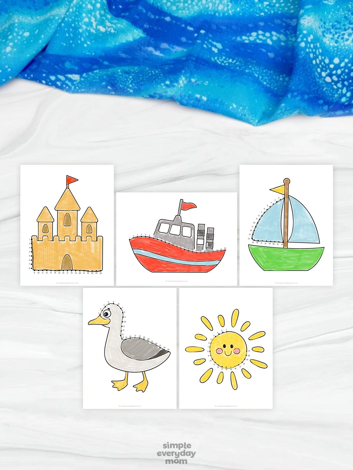 The image features five beach-themed connect-the-dots worksheets displayed on a light marble-style background with a blue fabric decoration at the top. The printable pages include colorful illustrations of a sandcastle, red boat, sailboat, duck, and smiling sun, each designed with numbered dots for children to trace and complete. The Simple Everyday Mom logo appears at the bottom, giving the image a clean and playful educational presentation for young learners.