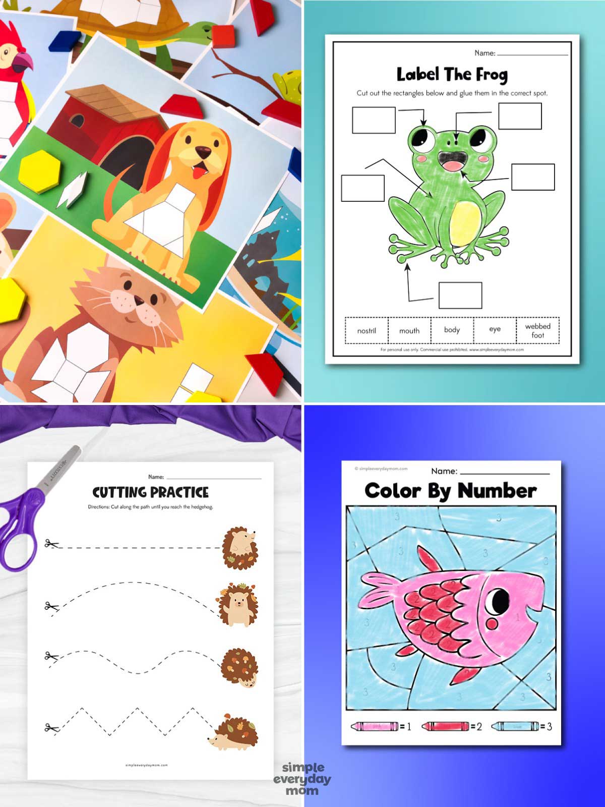These printable preschool worksheets give kids a fun way to practice important early learning and fine motor skills through hands-on activities. From cutting practice and color-by-number pages to animal labeling and shape matching, each activity helps build coordination, creativity, and problem-solving skills. Perfect for preschool and kindergarten learners, these engaging printables make learning both educational and entertaining.