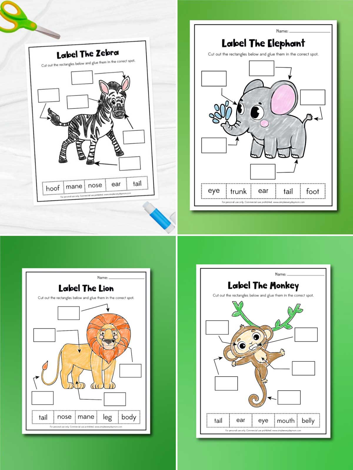 The image is a collage of four animal labeling worksheets designed for young children to practice vocabulary and body part recognition. The printable activities feature a zebra, elephant, lion, and monkey with blank labels and matching word boxes for children to cut out and place correctly. Bright green backgrounds, simple illustrations, and school supplies like scissors and glue create a fun and educational classroom-style presentation.