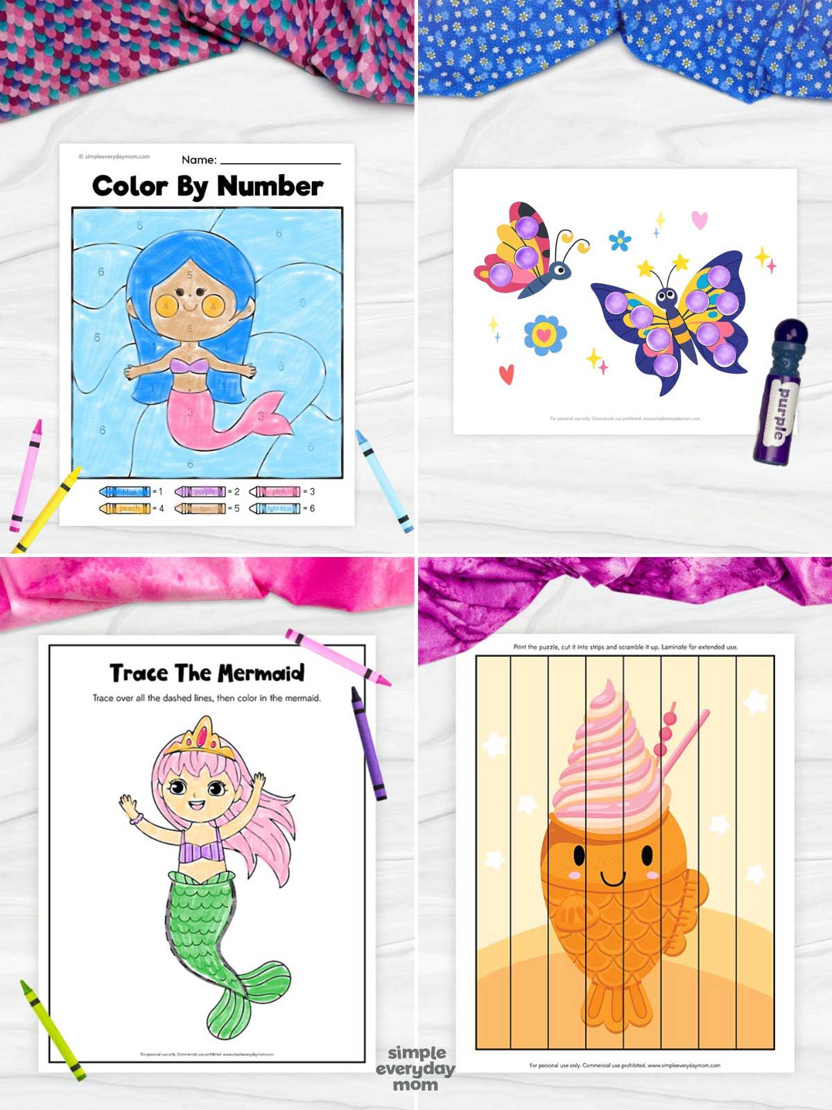 This printable ocean-themed preschool activity bundle includes a fun variety of hands-on learning pages designed to help young children build fine motor and early learning skills. Kids can enjoy a mermaid color-by-number worksheet, butterfly dot marker activity, mermaid tracing practice page, and a cute ocean puzzle activity. These engaging printables support number recognition, coloring skills, pencil control, hand-eye coordination, problem-solving, and creativity while keeping preschoolers entertained with bright and playful ocean-inspired designs.