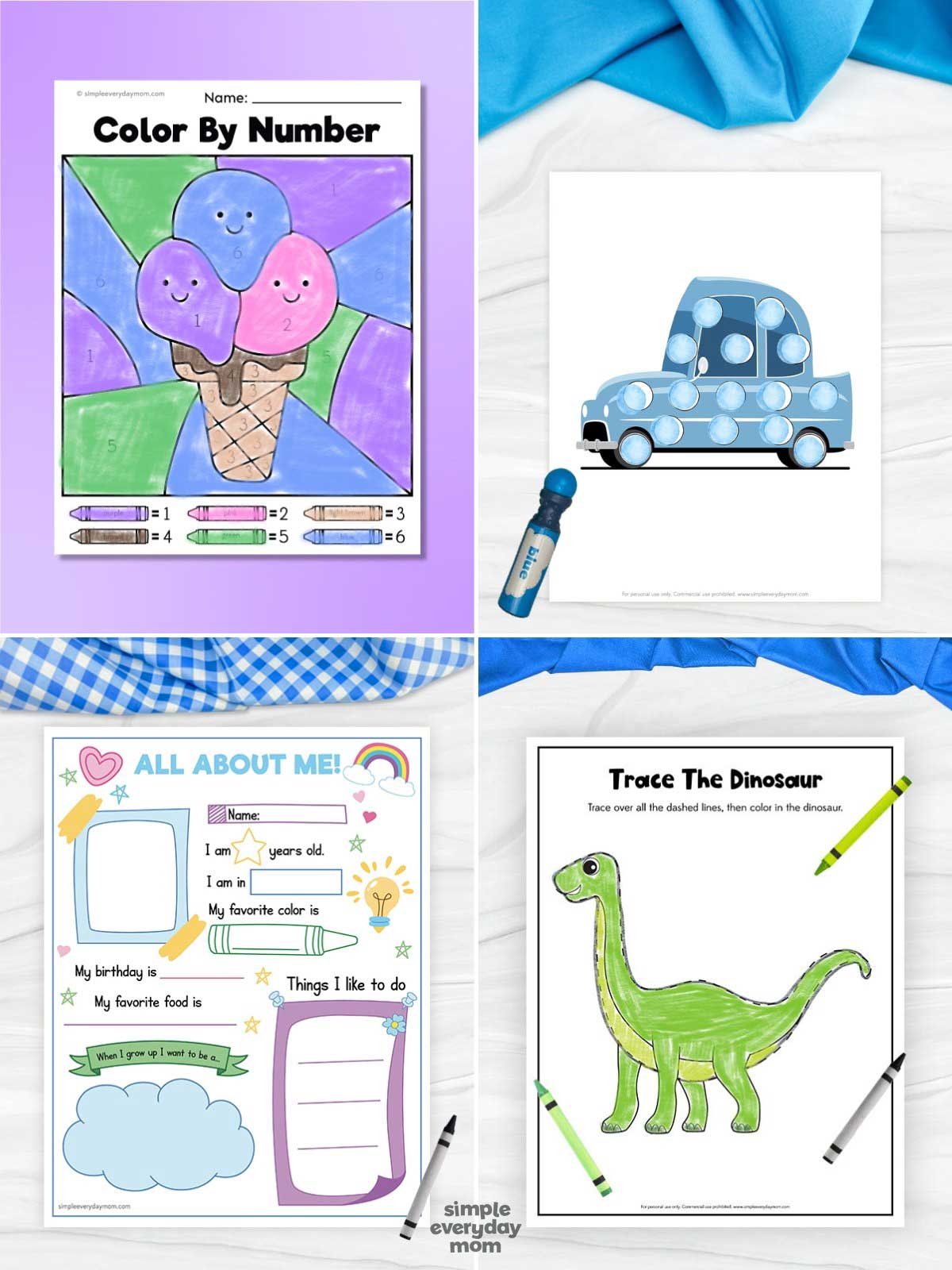 This printable preschool activity bundle includes a fun mix of educational worksheets and hands-on activities designed to help young children practice important early learning skills. Kids can enjoy a colorful ice cream color-by-number worksheet, a blue car dot marker activity, an “All About Me” printable page, and a dinosaur tracing worksheet for pencil control practice. These engaging activities support fine motor development, number recognition, creativity, self-expression, tracing skills, and hand-eye coordination while keeping preschoolers entertained with playful themes they’ll love.