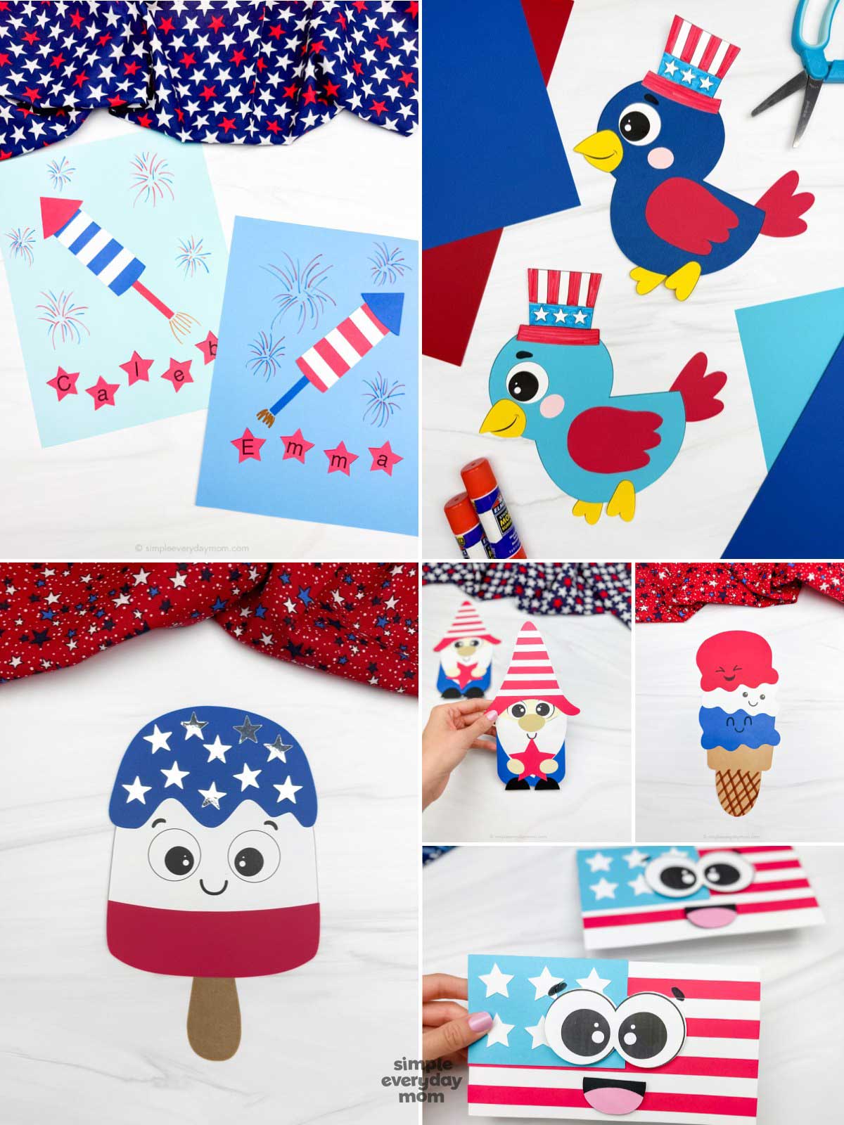 This patriotic craft collage features a variety of fun and colorful Fourth of July paper activities for kids. The projects include rocket name cards, festive birds wearing Uncle Sam hats, a smiling red, white, and blue popsicle, a patriotic ice cream cone, a gnome craft, and a cheerful American flag card with oversized cartoon eyes. Bright craft paper, fireworks designs, and star-patterned fabric backgrounds create a festive and playful holiday theme.