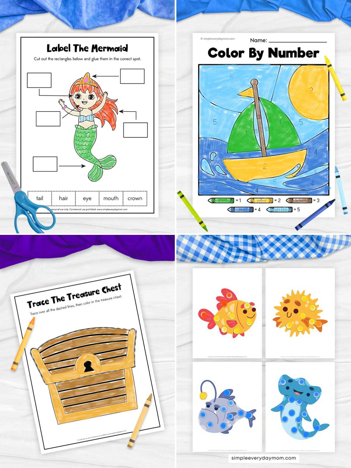 The image is a collage of ocean-themed educational worksheets and craft printables for children. It includes a mermaid labeling activity, a sailboat color-by-number worksheet, a treasure chest tracing page, and colorful sea creature crafts featuring fish and marine animals. Bright colors, crayons, scissors, and playful underwater designs create a fun and engaging learning experience for preschool and kindergarten kids.