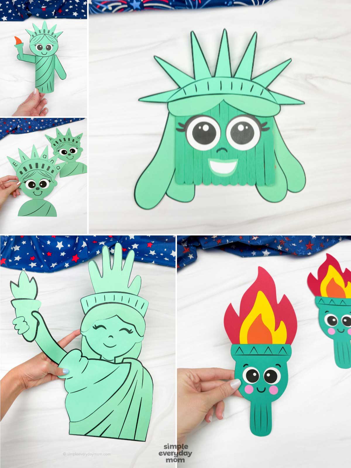 This collage showcases several fun Statue of Liberty-themed crafts made from colorful paper and simple materials for kids. The projects include paper puppets, handprint art, torch crafts, and cartoon-style Statue of Liberty faces with large eyes and smiling expressions. The bright green designs, patriotic backgrounds, and playful details make these crafts perfect for Fourth of July or American history activities.