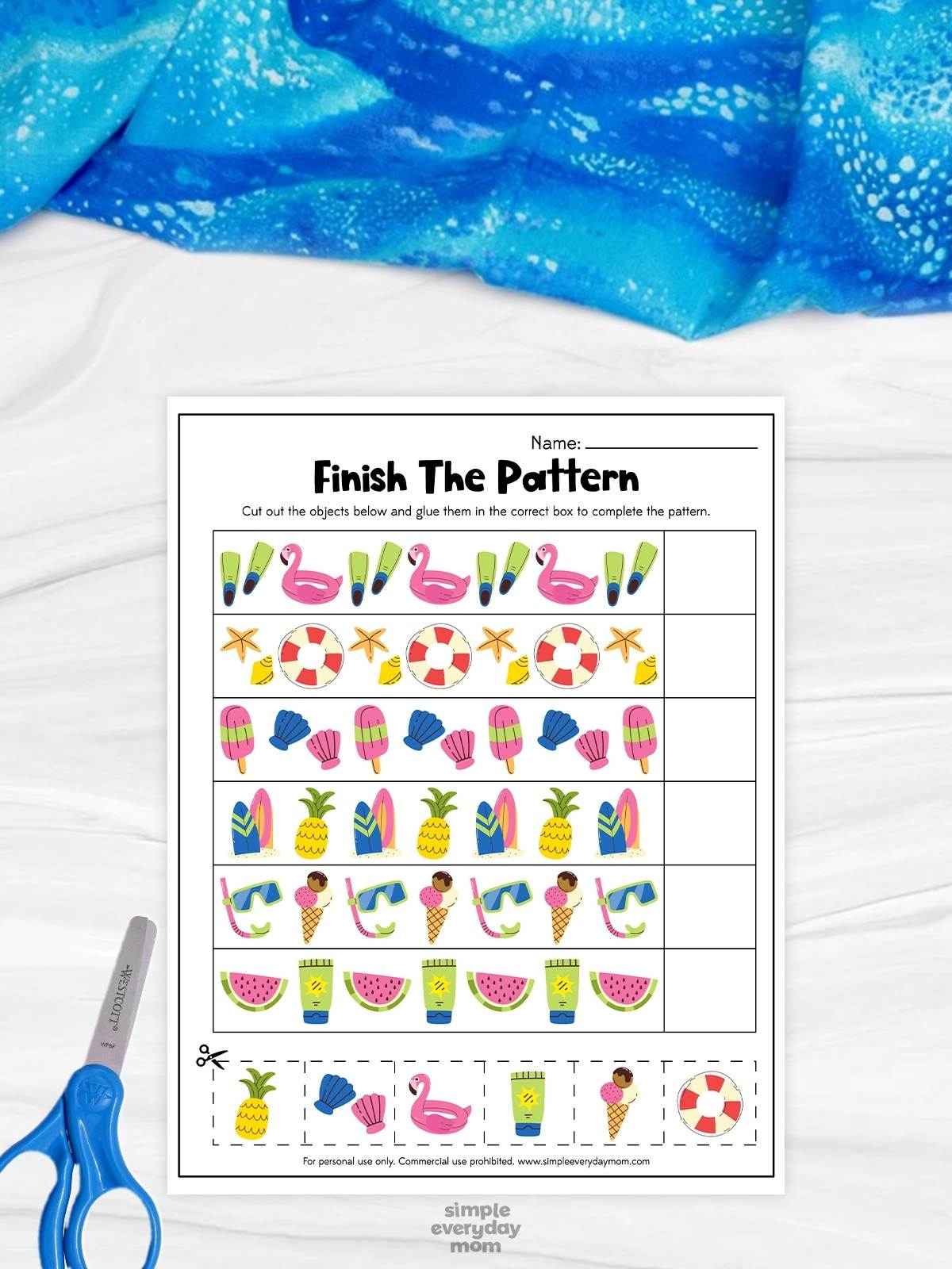 This image features a printable “Finish The Pattern” worksheet created to help young children practice recognizing and completing repeating patterns. The worksheet includes colorful summer-themed images such as flamingos, popsicles, seashells, surfboards, pineapples, sunglasses, watermelon slices, and beach items arranged in sequences with empty spaces to fill in. Blue scissors and cut-out matching pieces at the bottom make the activity interactive, fun, and suitable for preschool and kindergarten learners.