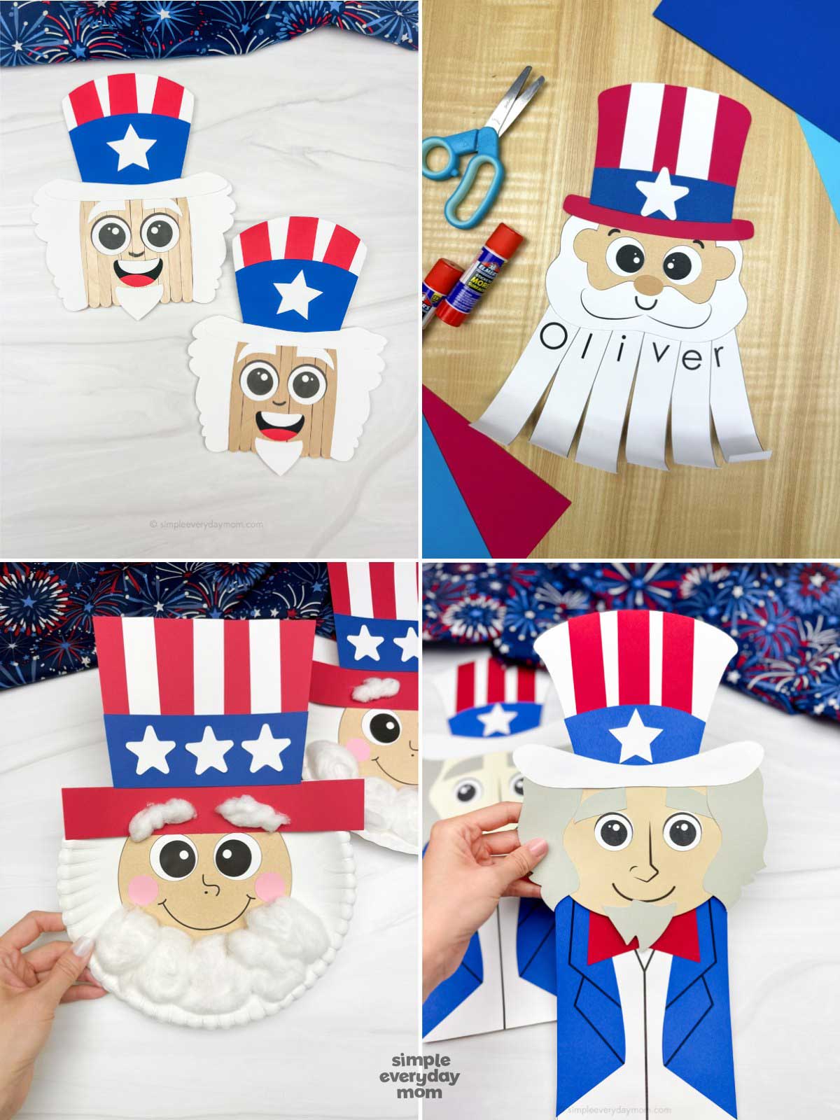 These patriotic Uncle Sam crafts showcase creative paper projects made with bright red, white, and blue colors. The collage includes several fun designs, such as popsicle stick crafts, paper bag puppets, paper plate art, and printable character templates with large cartoon eyes and festive hats. The crafts are displayed on colorful backgrounds with craft supplies like scissors, glue sticks, and paper, making them perfect for kids’ holiday activities.