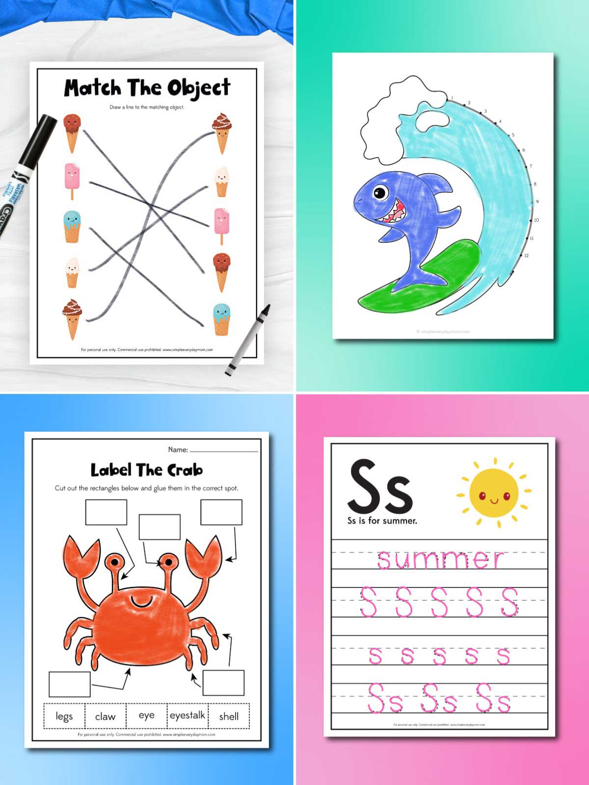 The image is a collage of four summer-themed educational worksheets for young children. It includes a matching activity with ice cream treats, a connect-the-dots shark and wave picture, a crab labeling worksheet, and a letter tracing page for the letter “S” in the word “summer.” Bright pastel backgrounds, simple illustrations, and tracing and labeling activities create a fun and engaging learning experience for preschool and kindergarten students.