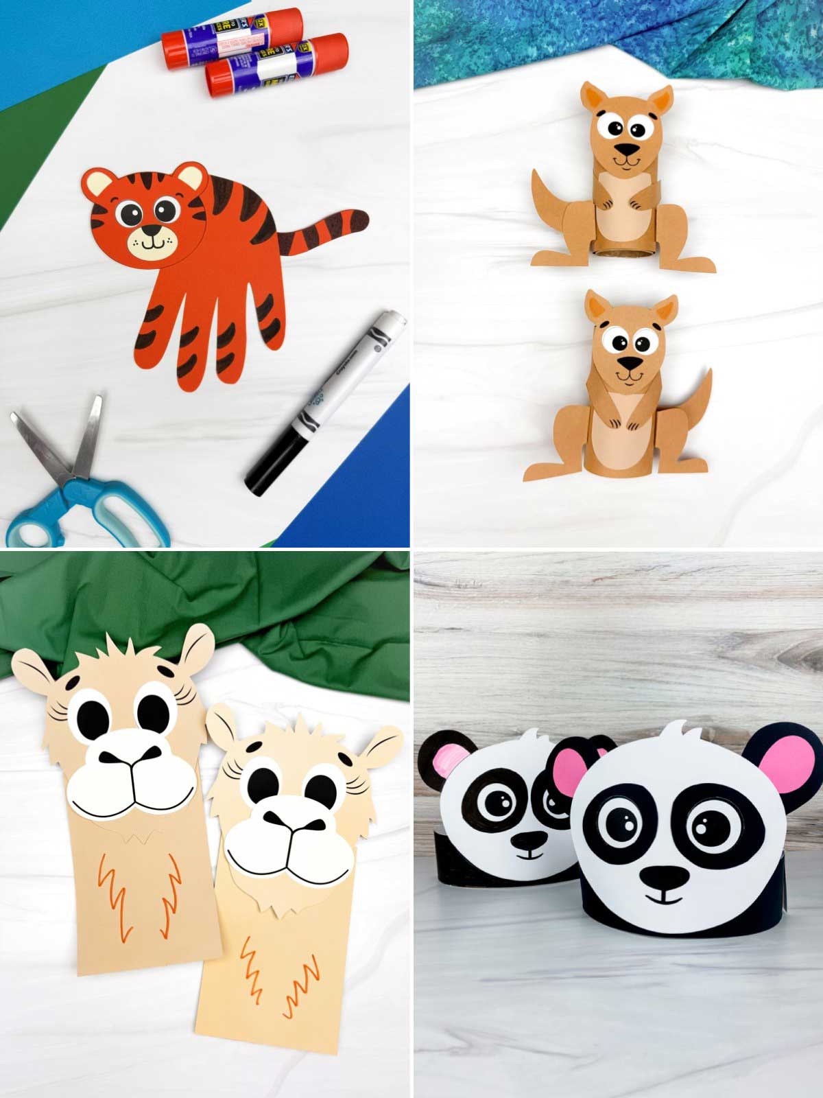 The image is a collage of four animal-themed craft projects for children made from paper and simple craft supplies. It features a tiger handprint craft, kangaroo toilet paper roll crafts, llama paper bag puppets, and panda paper headbands arranged in separate sections. Bright colors, playful animal faces, and classroom craft materials like scissors and glue sticks create a fun and creative activity display for kids.