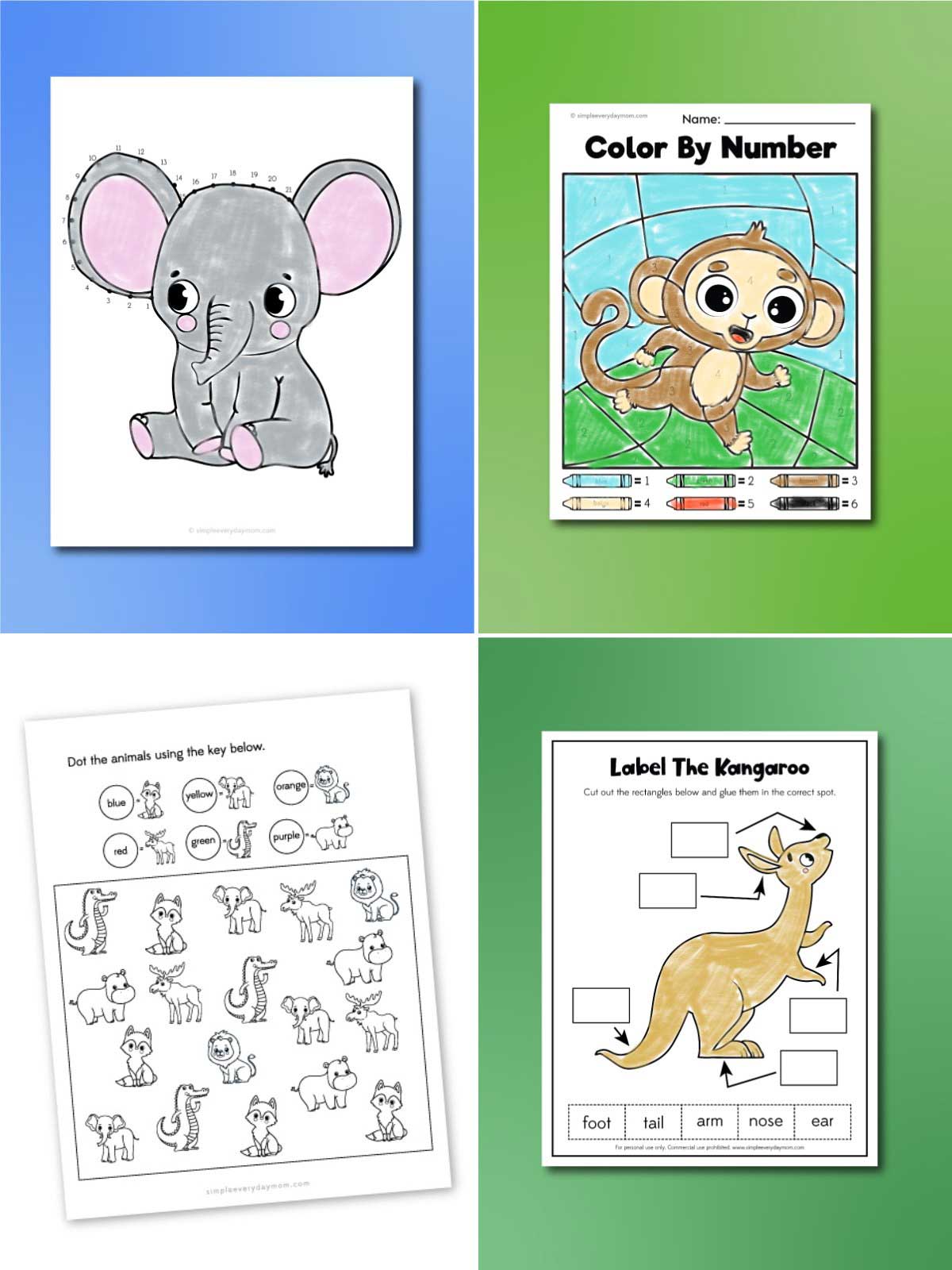 The image is a collage of four animal-themed educational worksheets for young children. It includes activities such as connect-the-dots with an elephant, a monkey color-by-number page, an animal dot marker worksheet, and a kangaroo labeling activity. Bright backgrounds, cute cartoon animals, and simple learning exercises make the worksheets fun and engaging for preschool and kindergarten students.