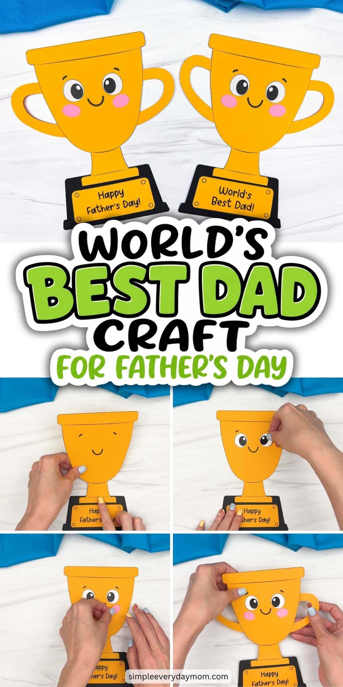 Collage of Father’s Day trophy craft templates and hands assembling the smiling trophy craft pieces.