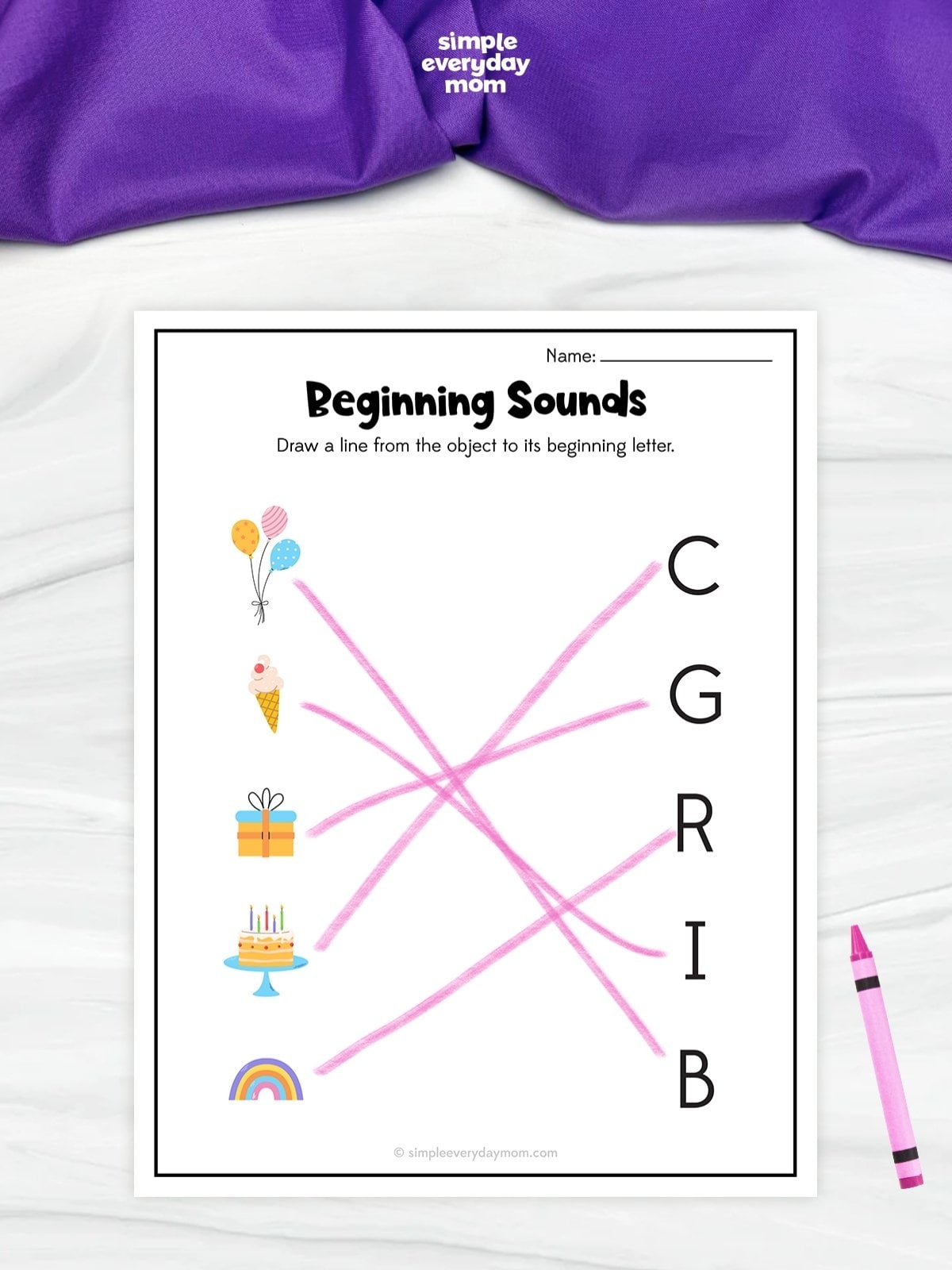 This image shows a “Beginning Sounds” worksheet created to help young children practice letter recognition and phonics skills. Kids draw lines matching each picture, such as balloons, cake, and rainbow, to the correct beginning letter on the side of the page. The simple layout, colorful illustrations, and hands-on activity make it a fun educational printable for preschool and kindergarten learners.