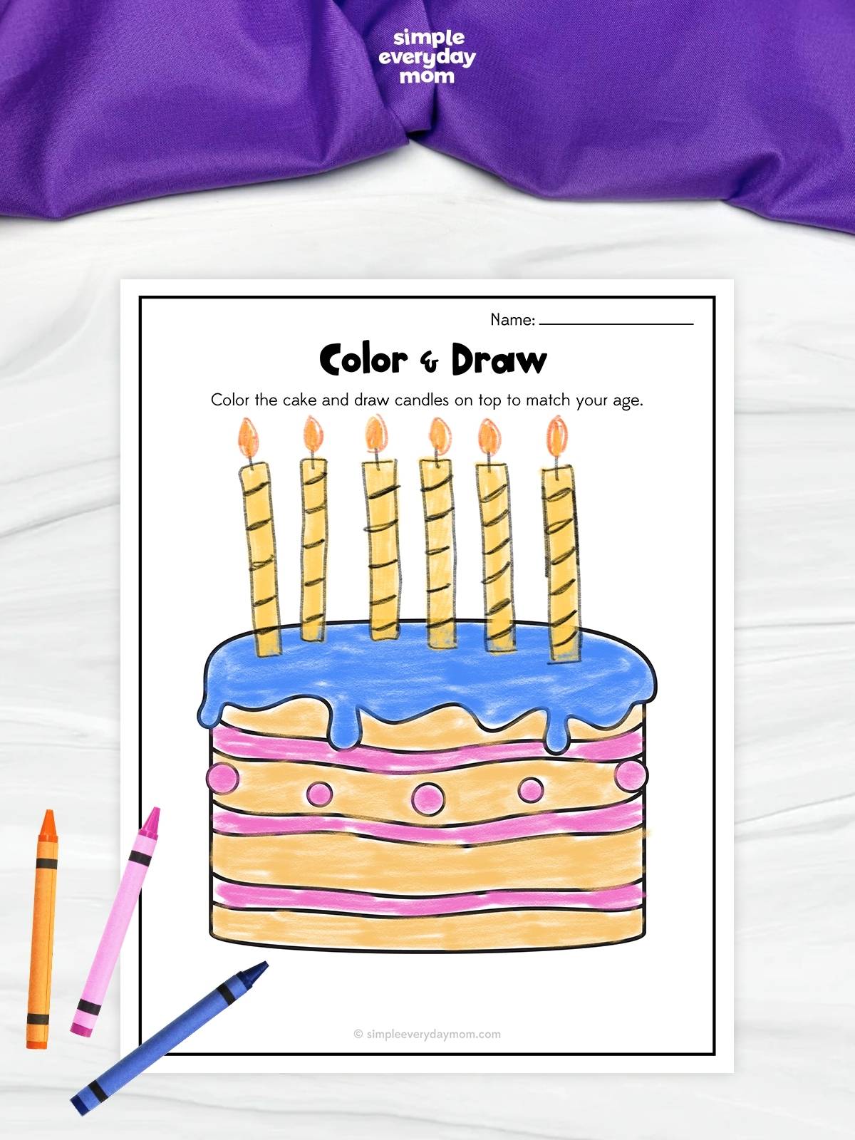 This image features a birthday-themed “Color & Draw” worksheet designed for young children to practice creativity and fine motor skills. The activity encourages kids to color a large birthday cake and draw candles on top to match their age. Bright crayons, playful artwork, and simple instructions make the printable fun and engaging for preschool and kindergarten learners.