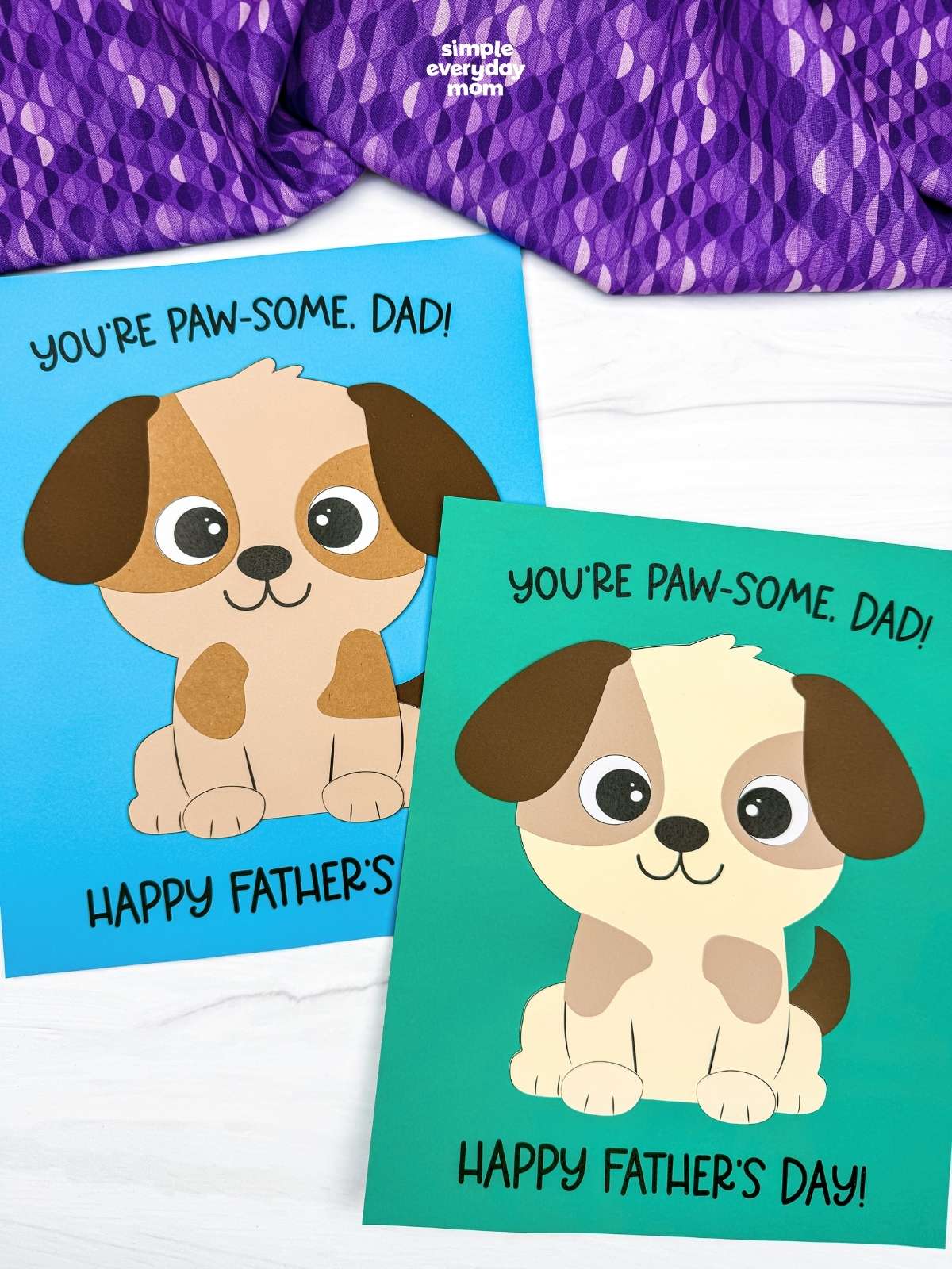 Side by side puppy Father’s Day cards with cute paper dog designs and paw-some messages for dad on colorful backgrounds