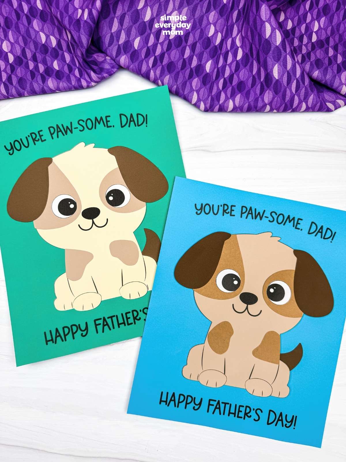 Side by side puppy Father’s Day cards with cute paper dog designs and paw-some messages for dad on colorful backgrounds