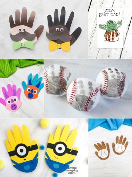 This collage features a collection of fun handprint and footprint crafts for kids. The projects include mustache handprint cards, a Yoda Father’s Day card, footprint baseballs, animal handprints, Minion crafts, and baseball glove art. The colorful and creative designs make the image playful, cheerful, and perfect for family or classroom craft activities.