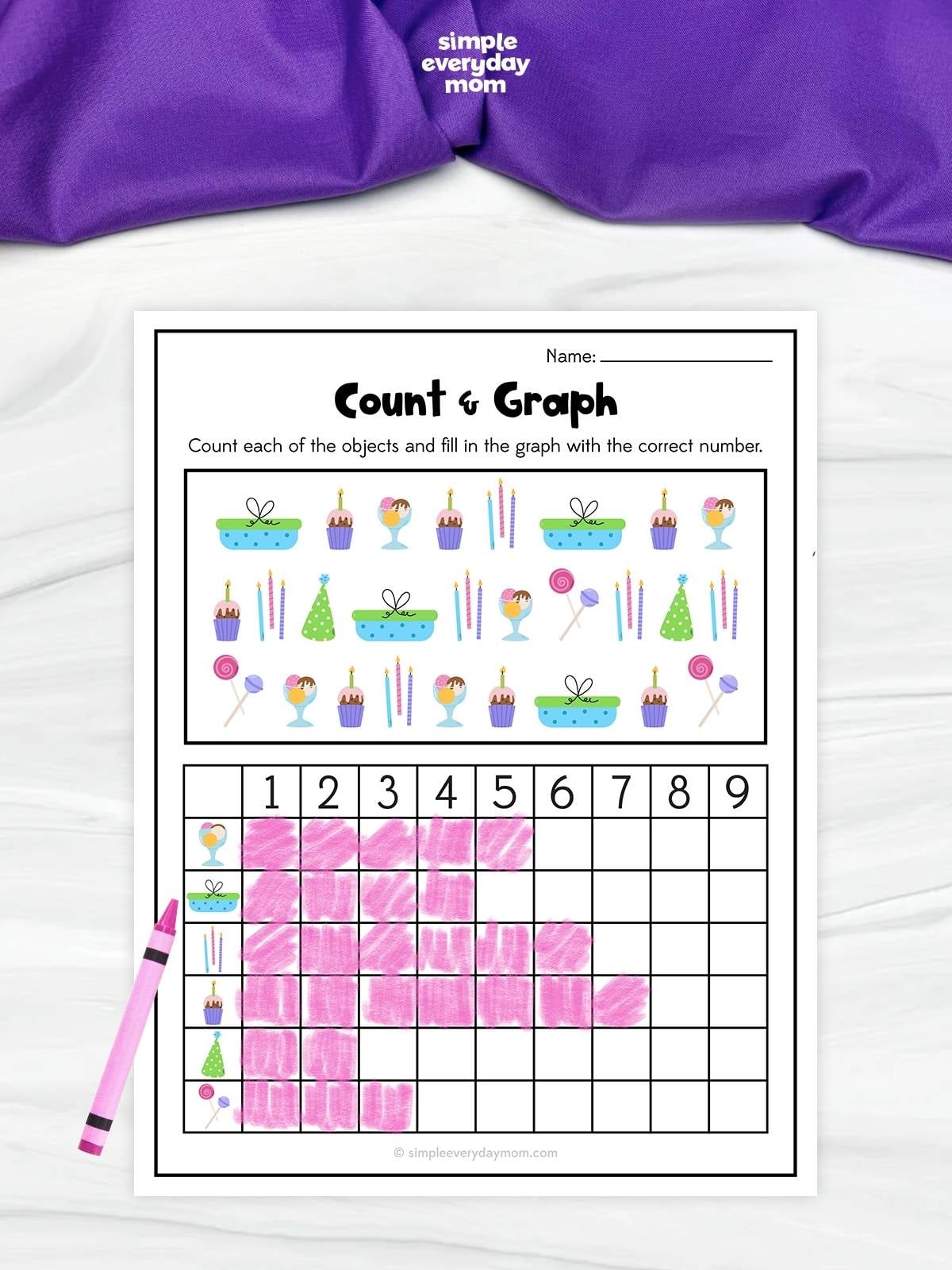 This image shows a birthday-themed “Count & Graph” worksheet created to help children practice counting, sorting, and graphing skills. Kids count the party-related objects, such as cupcakes, candles, presents, and balloons, then color the matching number of boxes on the graph below. The bright illustrations and hands-on activity make this printable both educational and fun for preschool and kindergarten learners.