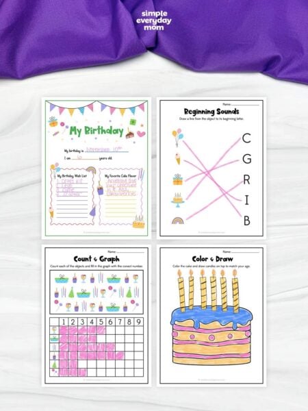 This image features four birthday-themed printable worksheets designed to help young children practice learning skills through fun activities. The set includes a personal birthday information page, a beginning sounds matching activity, a counting and graphing worksheet, and a birthday cake coloring page. Bright colors, playful party illustrations, and hands-on exercises make these printables engaging for preschool and kindergarten students.
