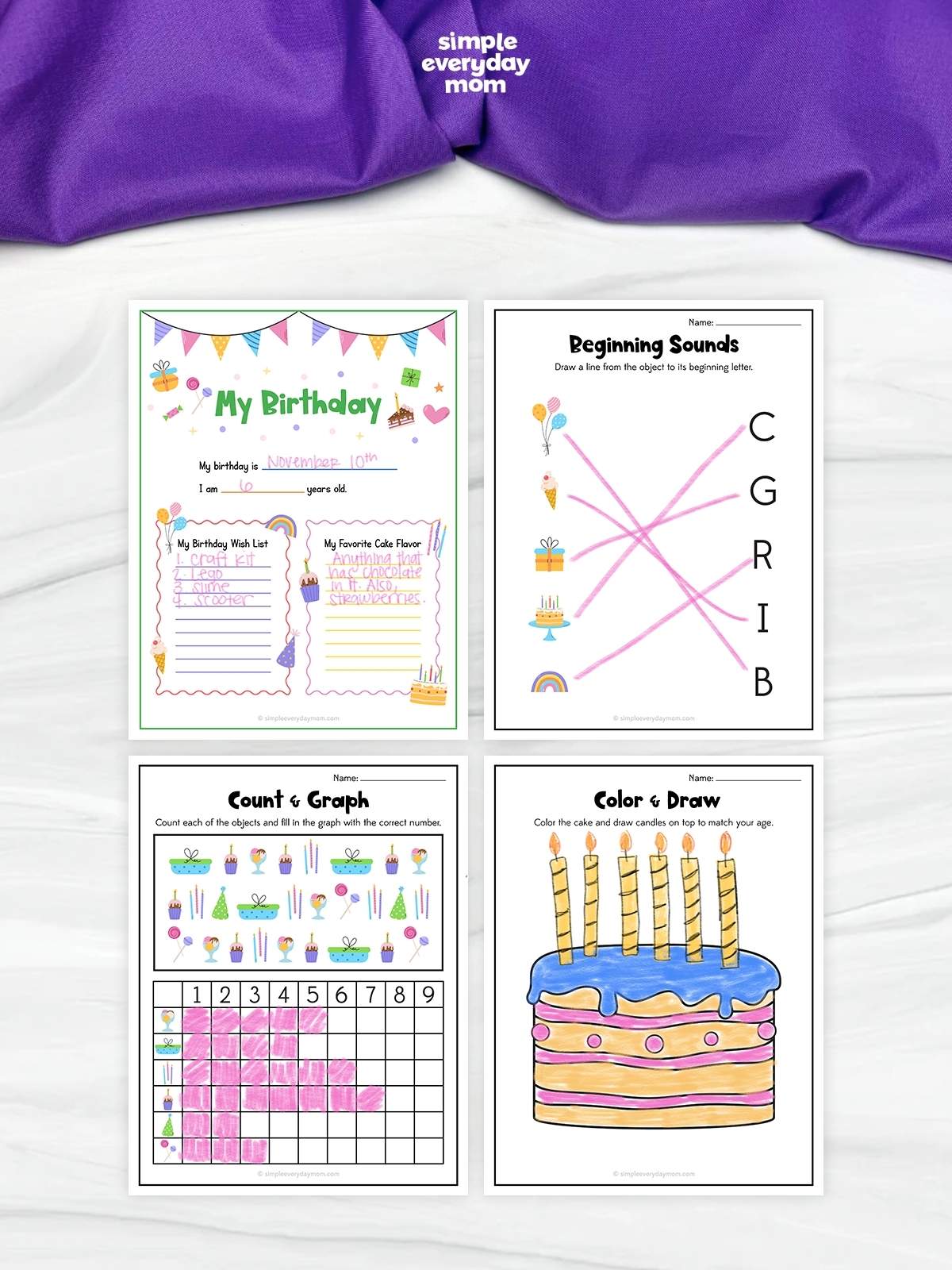 This image features four birthday-themed printable worksheets designed to help young children practice learning skills through fun activities. The set includes a personal birthday information page, a beginning sounds matching activity, a counting and graphing worksheet, and a birthday cake coloring page. Bright colors, playful party illustrations, and hands-on exercises make these printables engaging for preschool and kindergarten students.