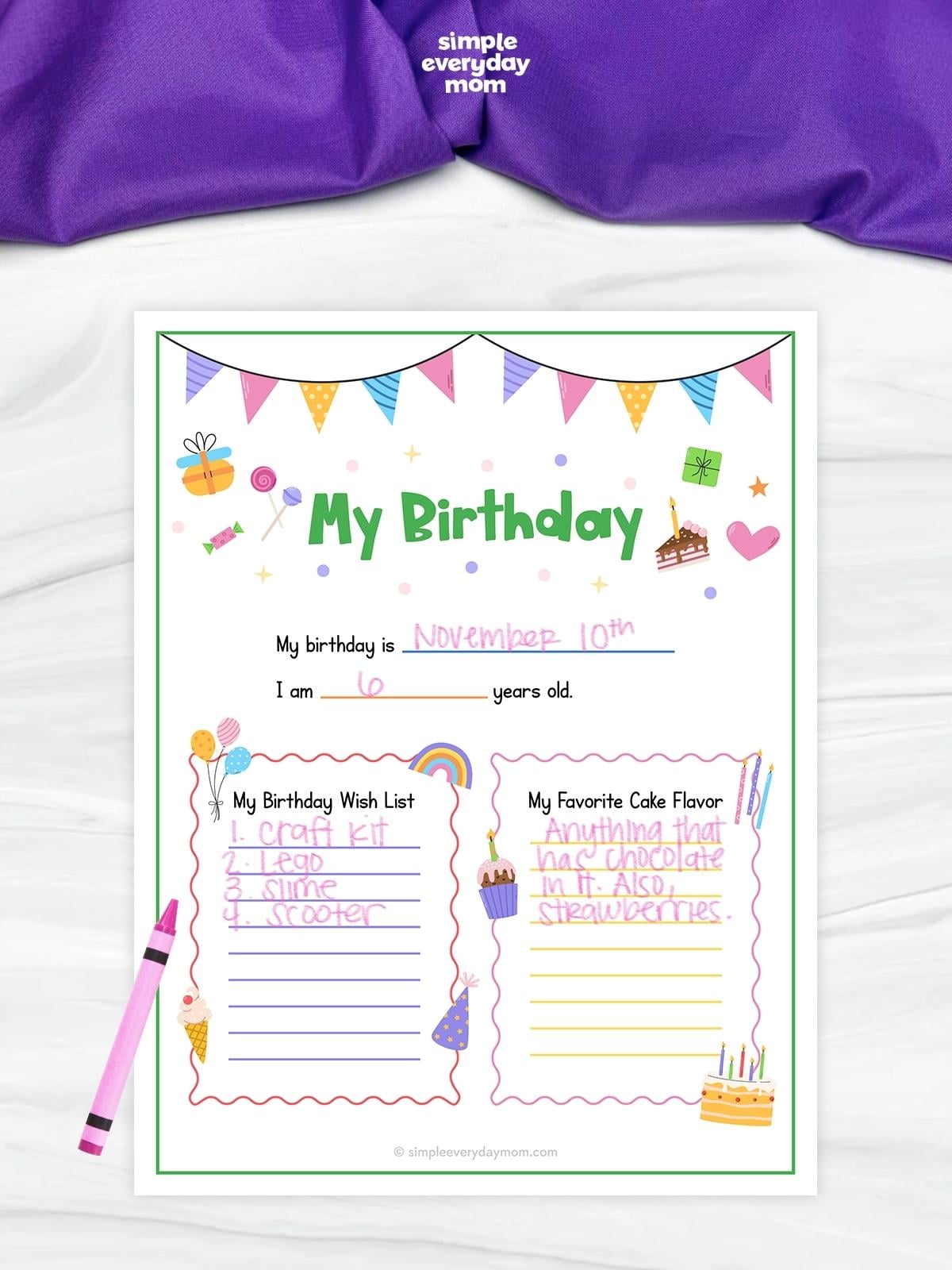 This image shows a colorful “My Birthday” printable worksheet designed for kids to fill out personal birthday details and favorite things. The worksheet includes sections for a child’s birthday date, age, birthday wish list, and favorite cake flavor, decorated with playful party-themed illustrations. Bright colors, fun graphics, and simple prompts make it an engaging activity for preschool and elementary-aged children.