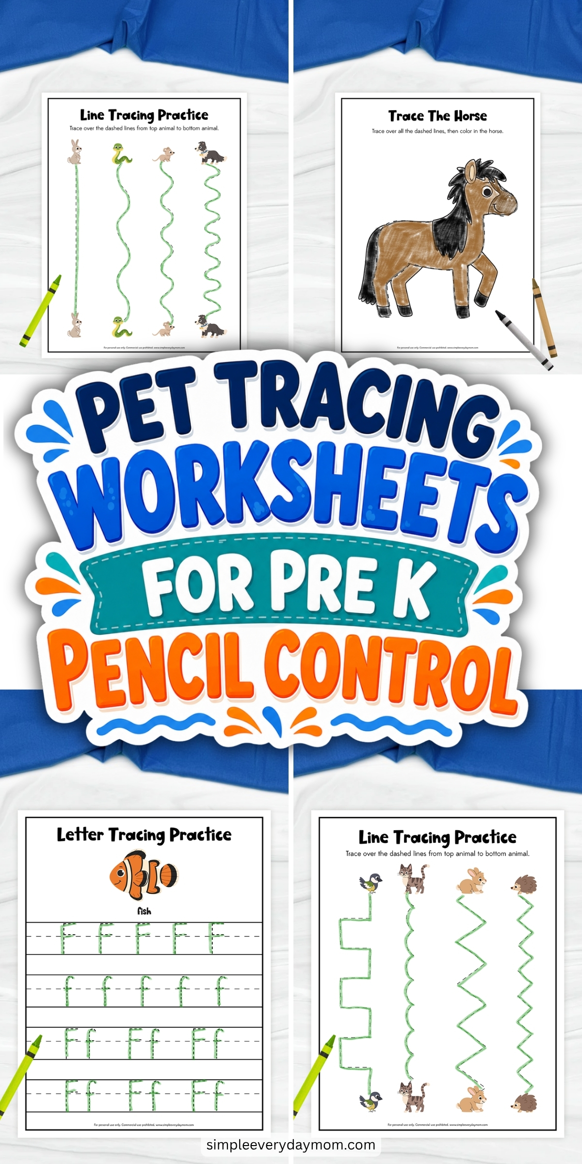 This image promotes a collection of pet-themed tracing worksheets created to help Pre-K children improve pencil control and fine motor skills. The collage features fun tracing activities, including line tracing, letter tracing with the letter “F,” and tracing a horse illustration, all paired with cute animal graphics. Bold colorful text, playful designs, and hands-on exercises make these printable worksheets engaging and educational for early learners.